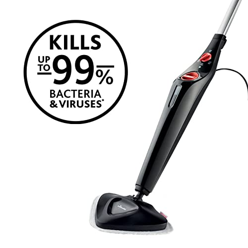 Mocio a vapore nero con bottone rosso e stemma Kills up to 99% bacteria & viruses.