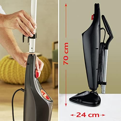 Mani che assemblano un aspirapolvere portatile nero, accanto il modello assemblato con dimensioni.