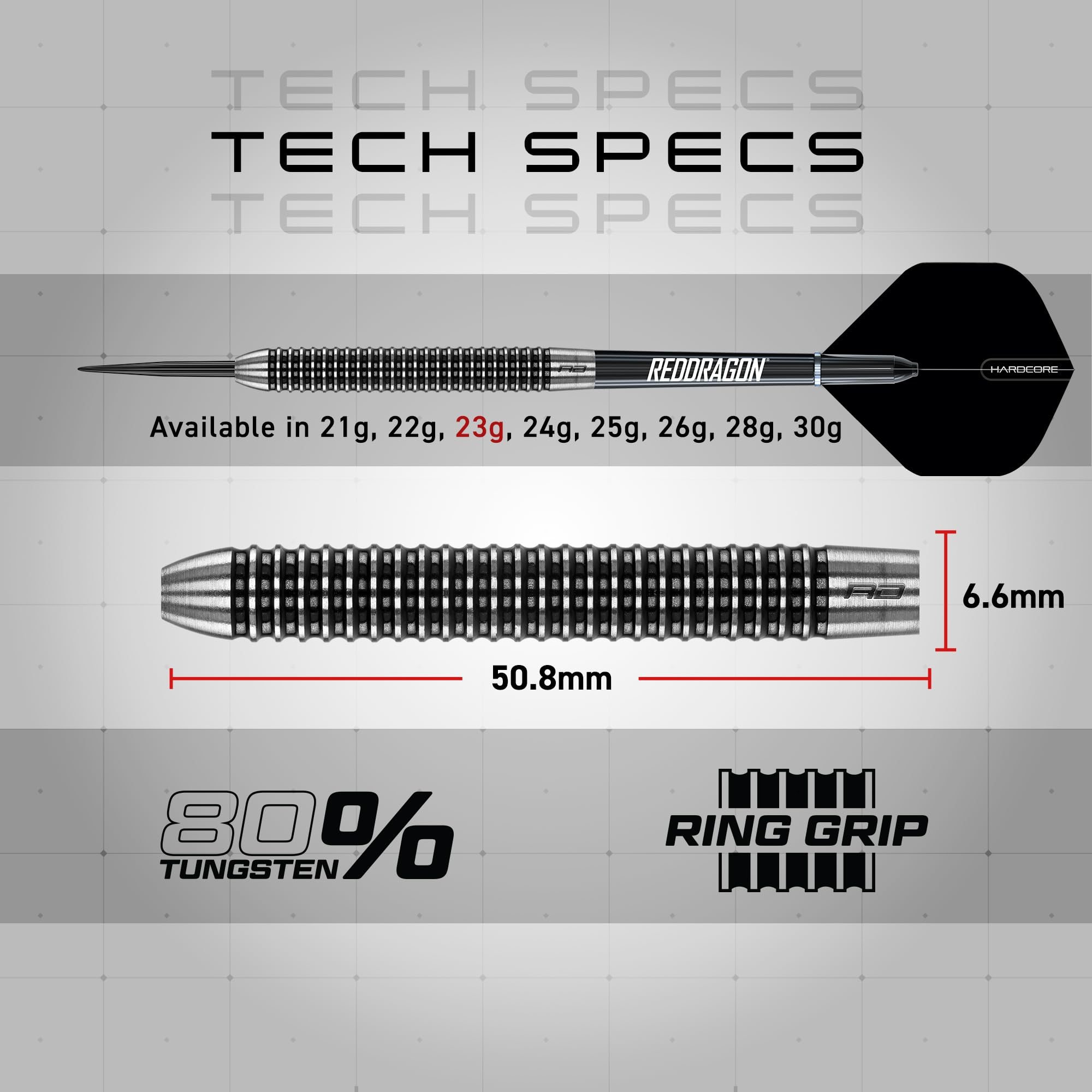 Technische Daten eines Red Dragon-Darts: 50,8 mm Länge, 6,6 mm Breite, 80 Prozent Wolfram-Material.