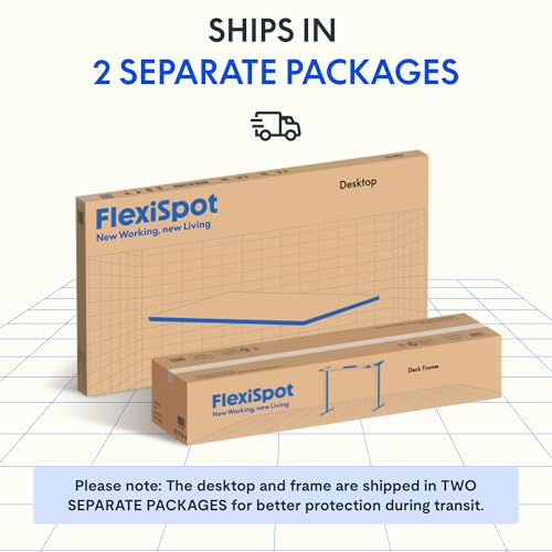 Deux cartons séparés pour le plateau et le cadre FlexiSpot sur fond de grille.