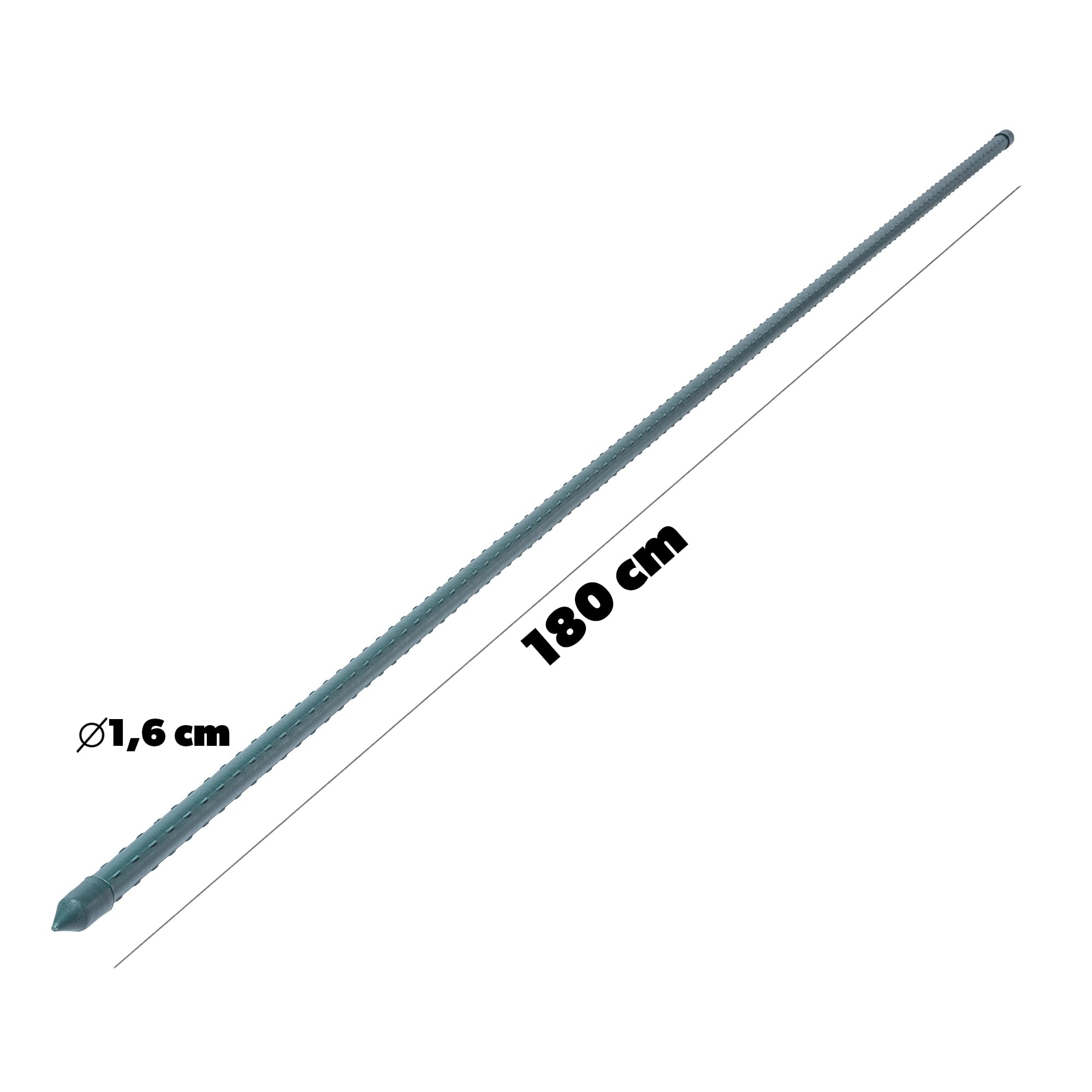 Tuteur de jardin vert de 180 cm de long et 1,6 cm de diamètre sur fond blanc.
