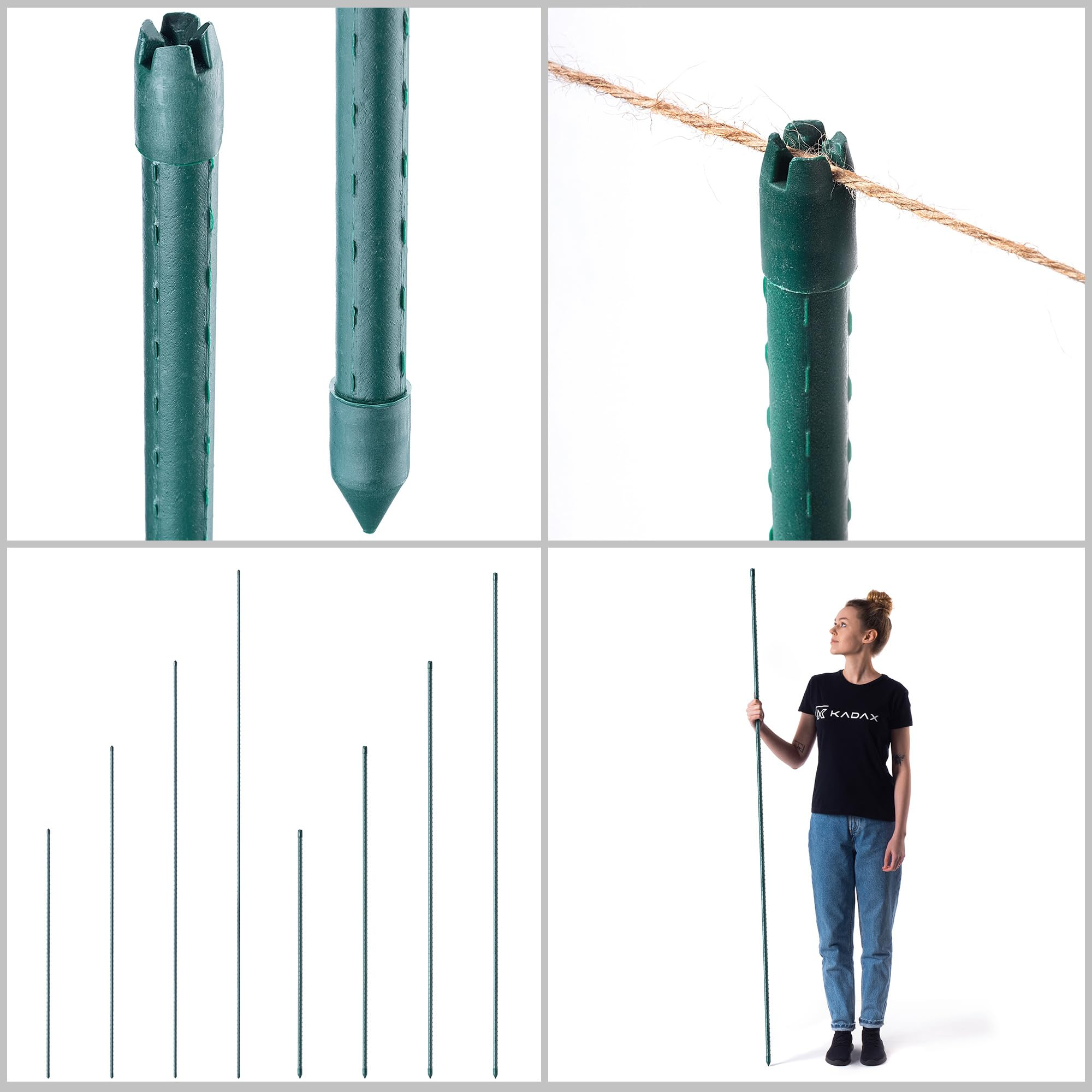 Tuteurs de jardin verts de différentes tailles avec détails des pointes et fixation de corde.