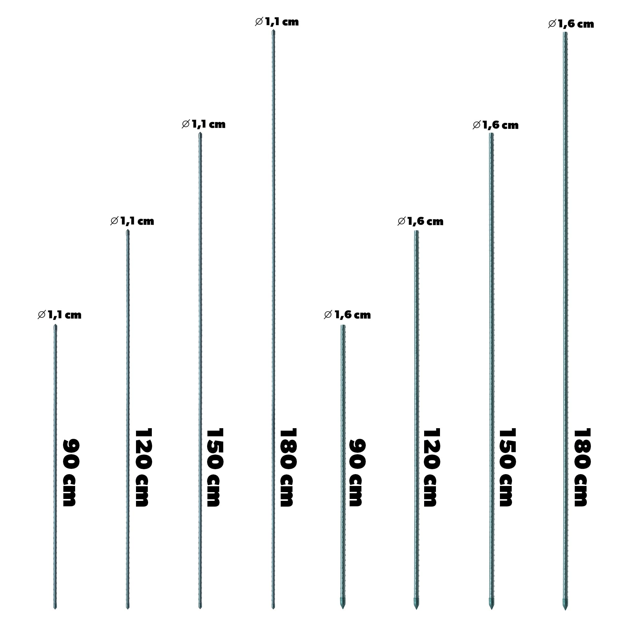 Huit tuteurs pour plantes verts de 90 à 180 cm de long et de 1,1 à 1,6 cm de diamètre.