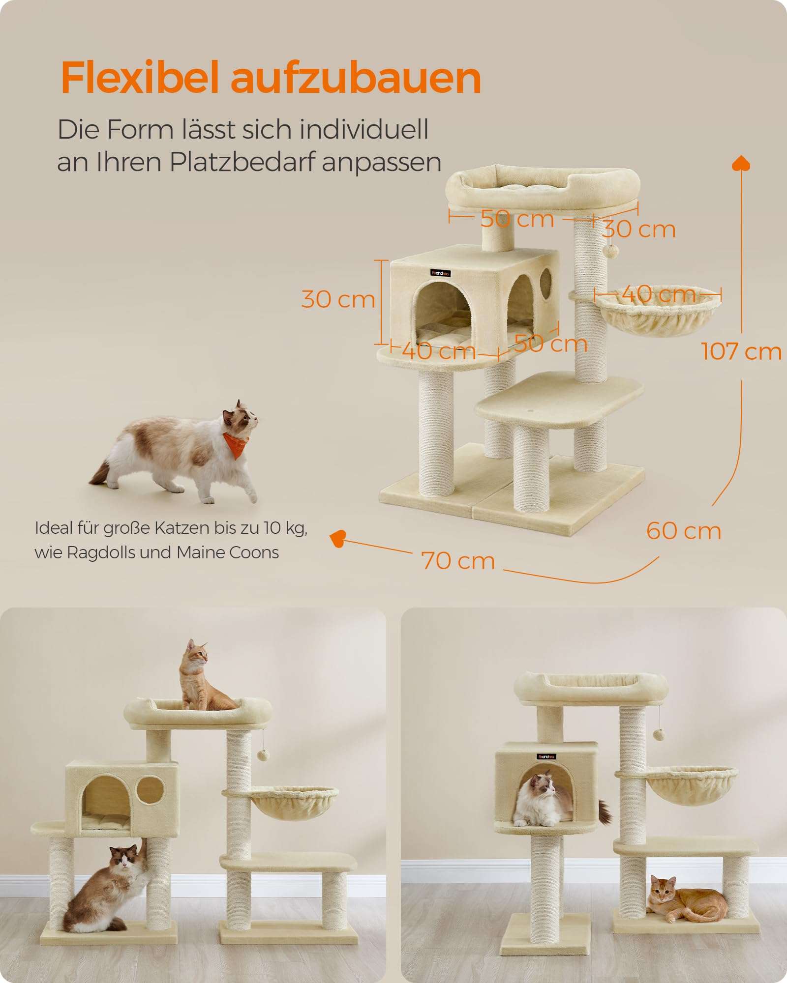 Beige Kletterbaum mit Maßangaben und zwei Katzen in verschiedenen Aufbauvarianten.
