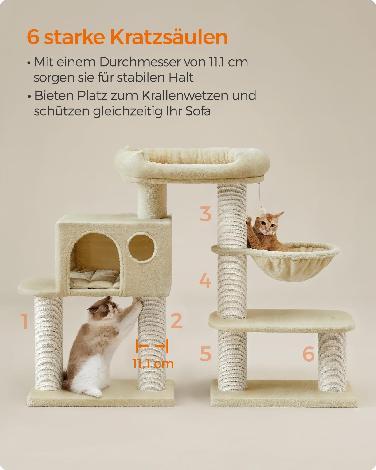 Beige Kratzbaum mit sechs Stämmen, durchnummeriert, zwei spielenden Katzen und Text oben.