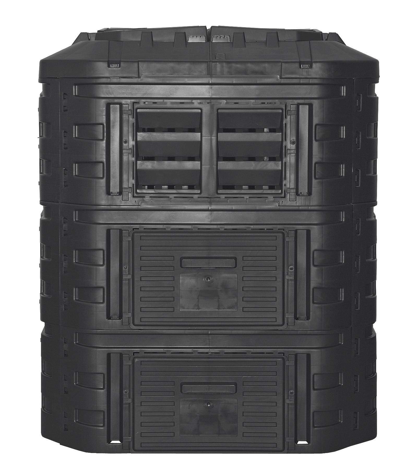 Un composteur de jardin modulaire en plastique noir avec des sections rectangulaires empilées et des panneaux d'aération.