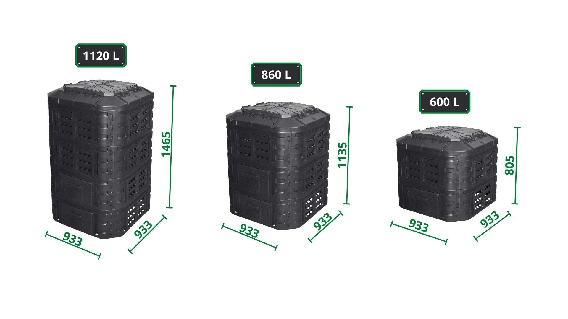 Trois composteurs noirs de tailles différentes avec des étiquettes de volume et de dimensions sur fond blanc.