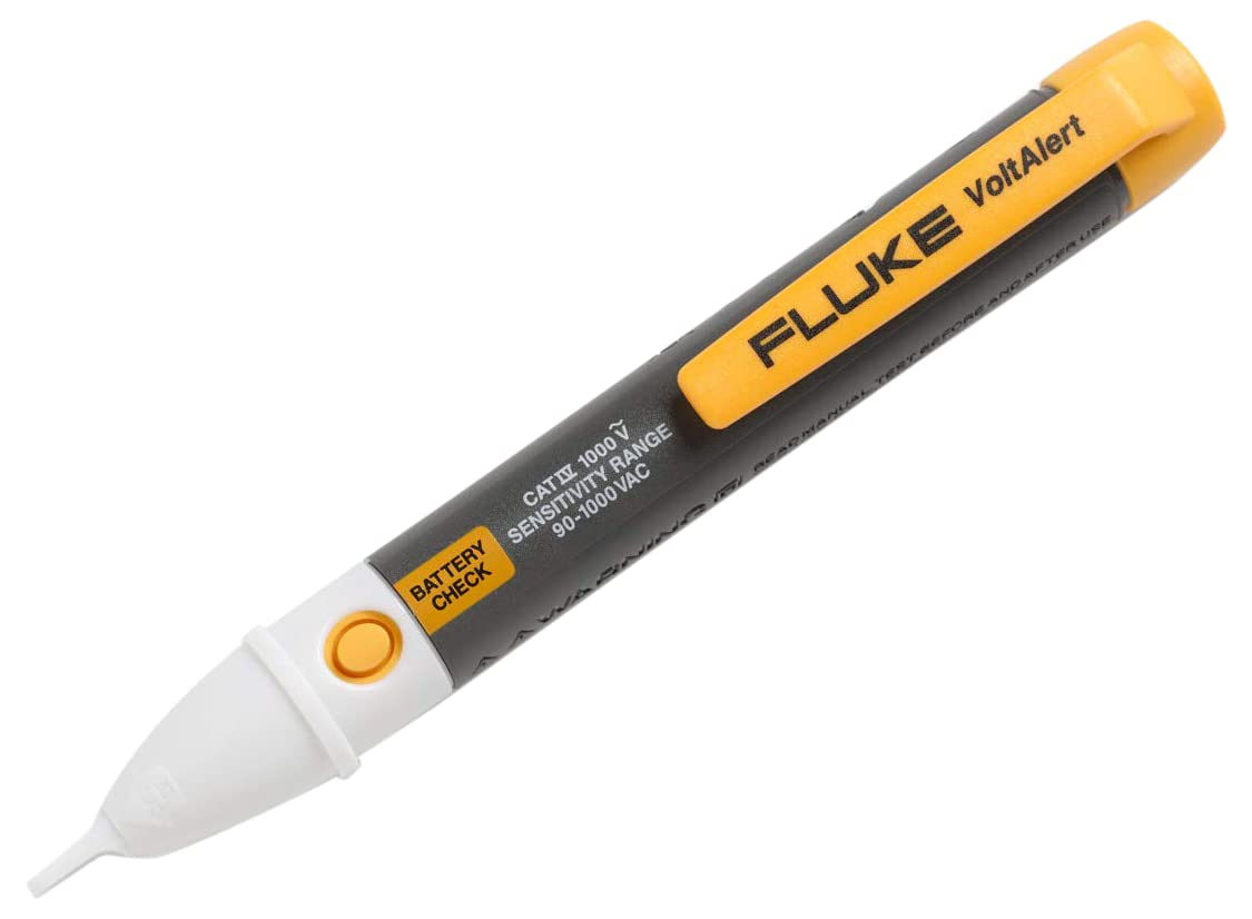 Un rilevatore di tensione Fluke VoltAlert giallo e nero con punta bianca e pulsante giace diagonalmente.