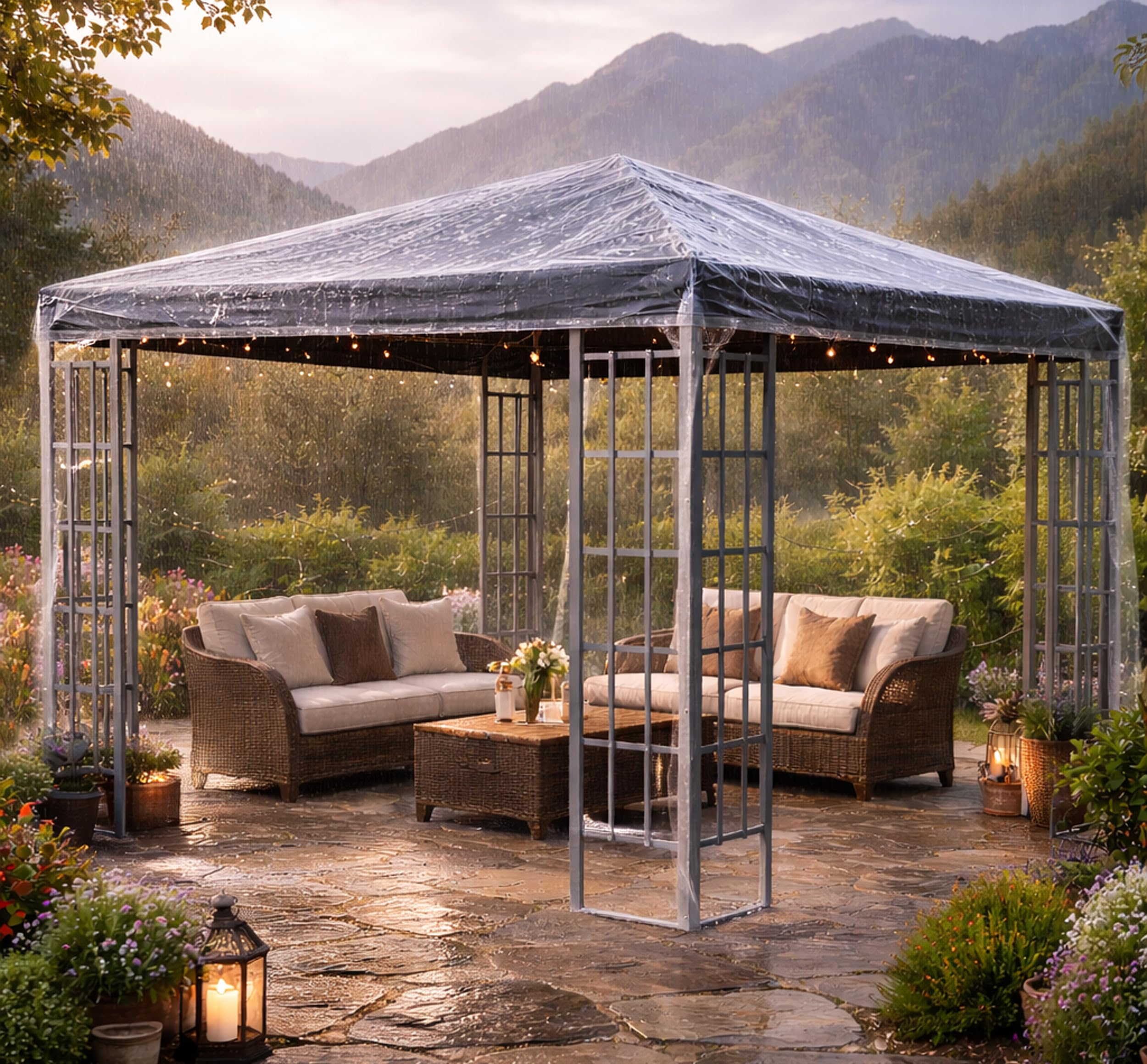 Überdachter Gartenpavillon mit Rattansofas auf Steinboden, umgeben von Pflanzen und Bergen im Regen.