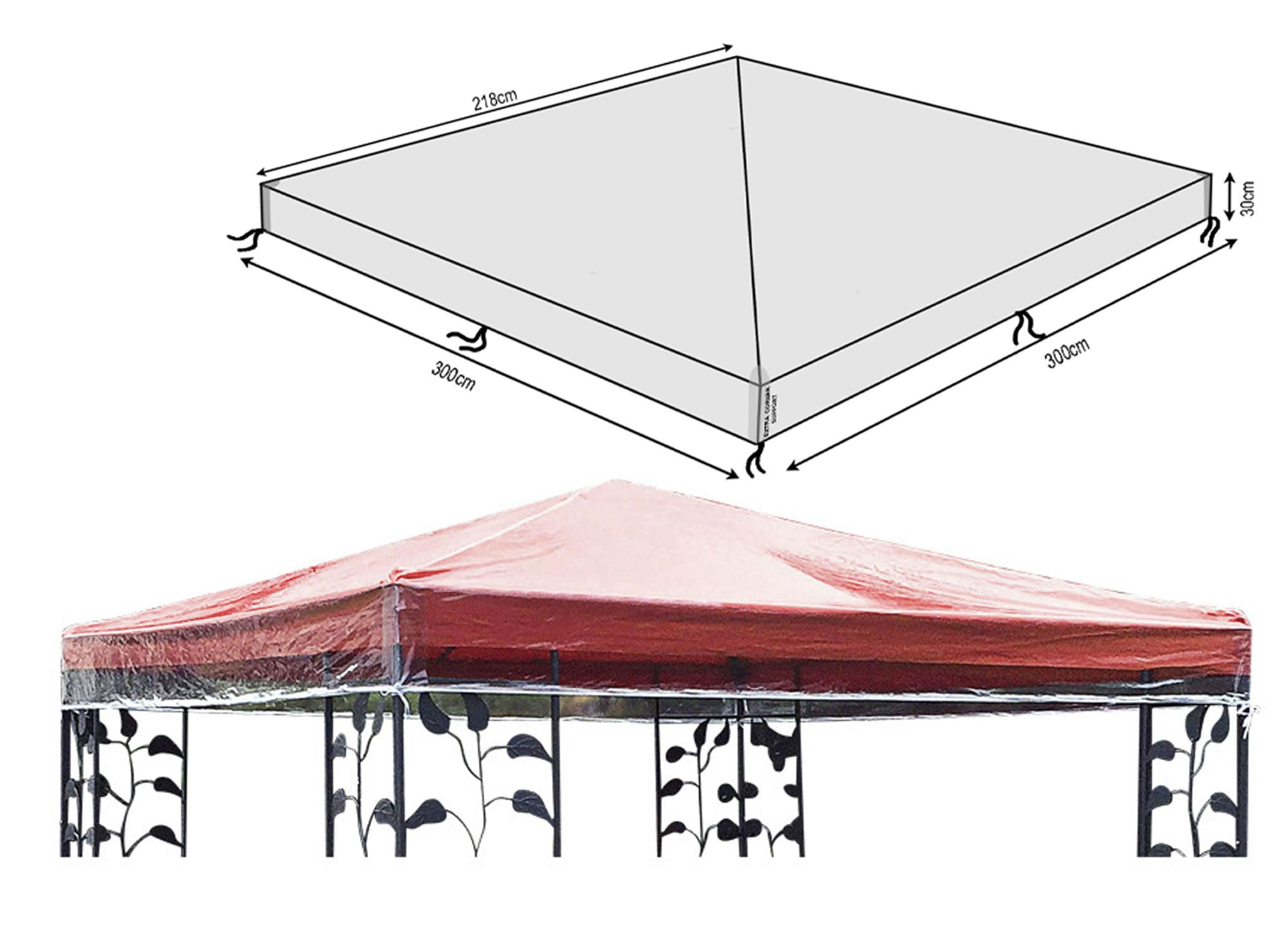 Diagramm eines rechteckigen Pavillondachs mit Maßen und darunter ein Foto des roten Dachs auf einem Metallgestell.