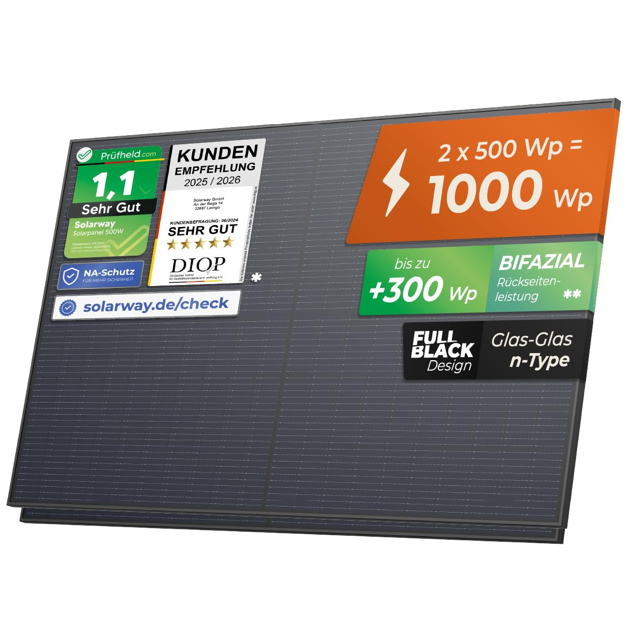 Pannello solare da 1000 Wp, design nero e tecnologia bifacciale su sfondo scuro.
