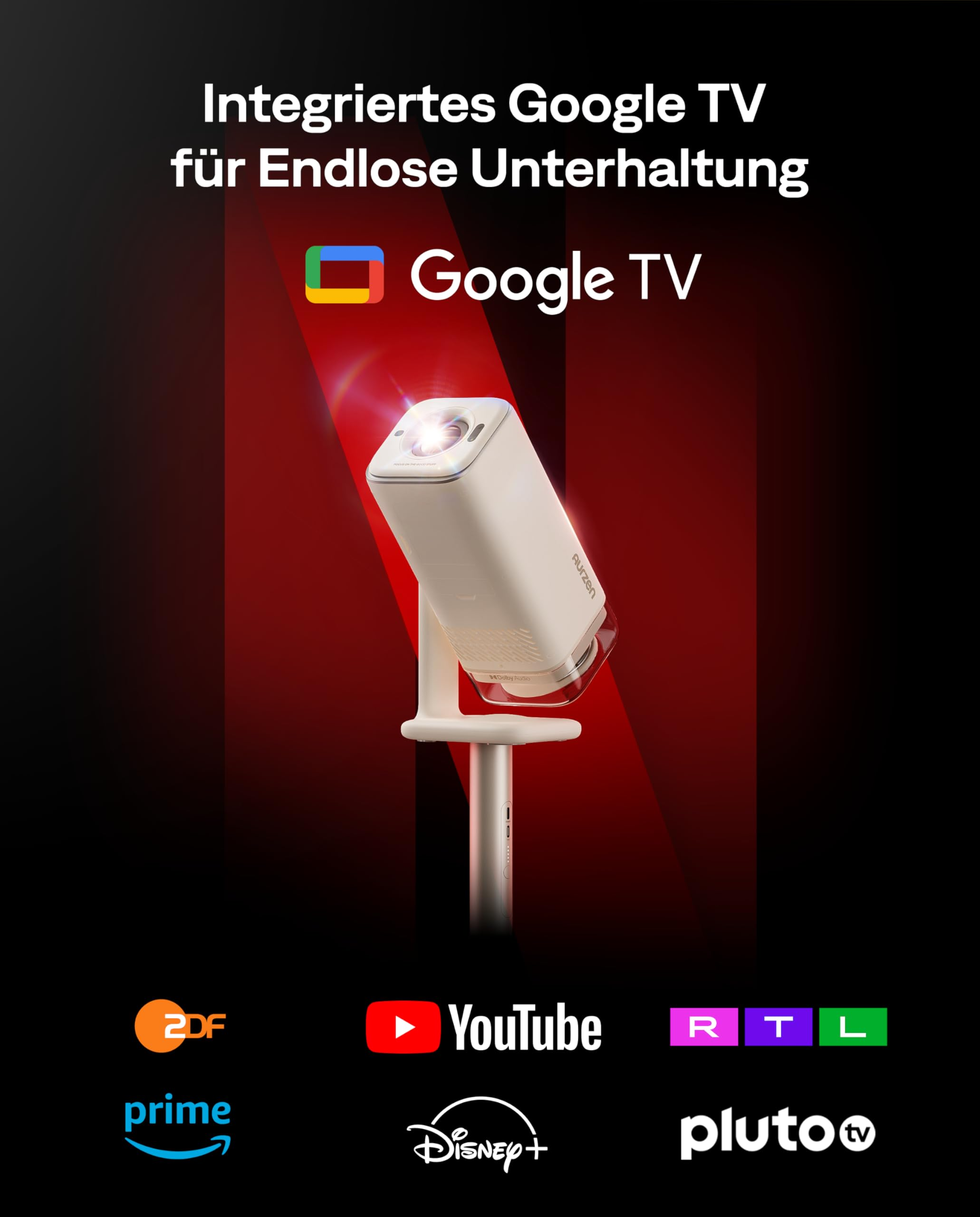 Un proiettore Google TV bianco su supporto con sfondo rosso, circondato dai loghi delle app di streaming.