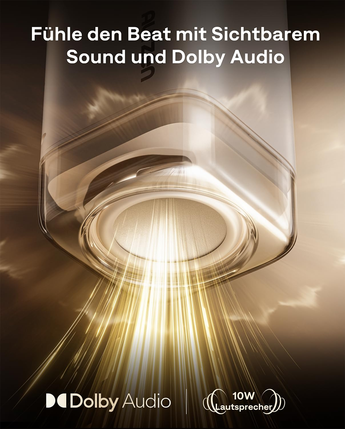 Primo piano di un altoparlante trasparente che emette raggi di luce dorata con testo su audio e Dolby.