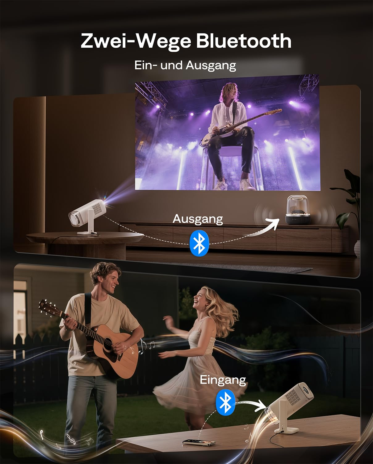 Proiettore Bluetooth bidirezionale che mostra proiezione video e riproduzione musicale.
