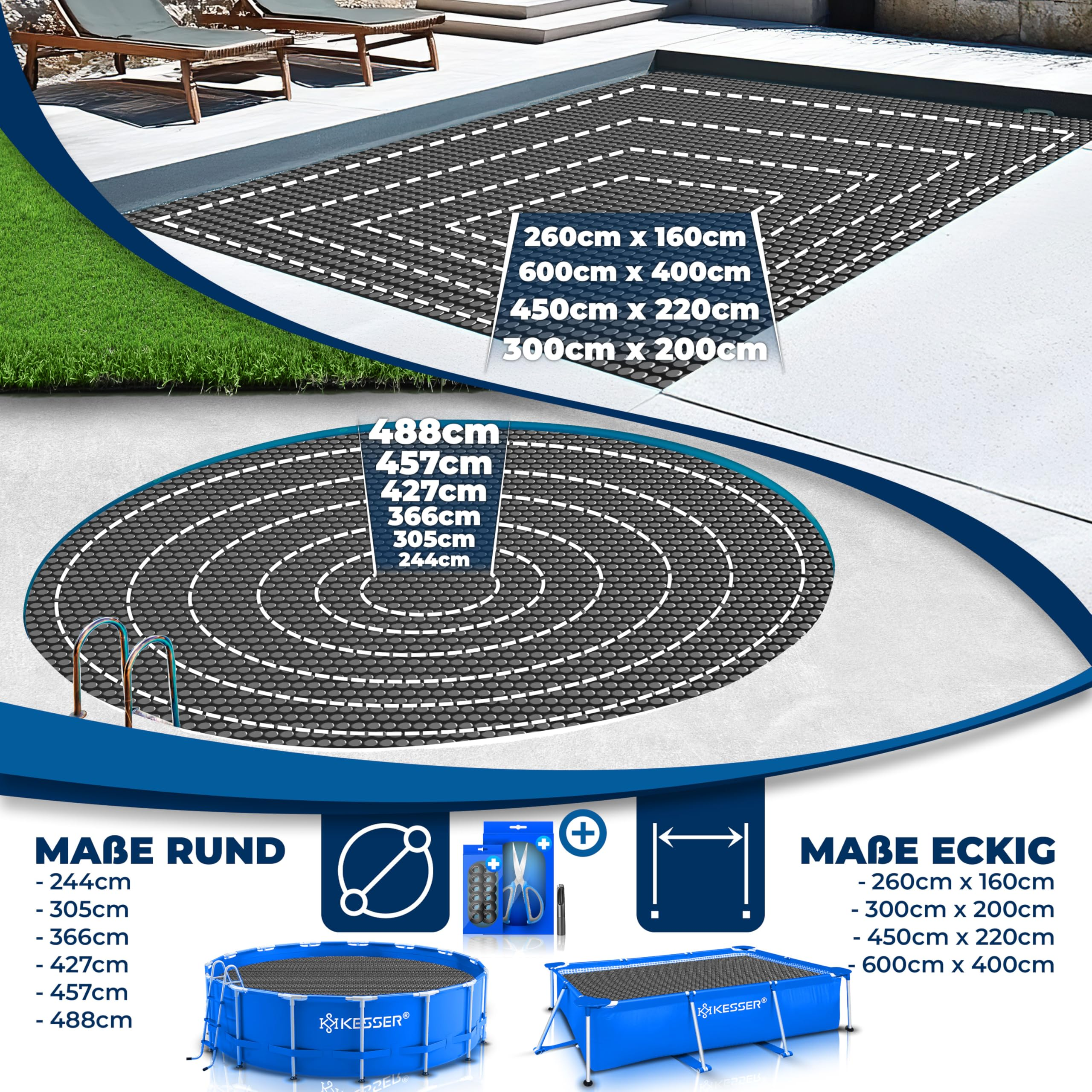 Capteurs solaires pour piscines rondes et rectangulaires avec diverses tailles et accessoires.