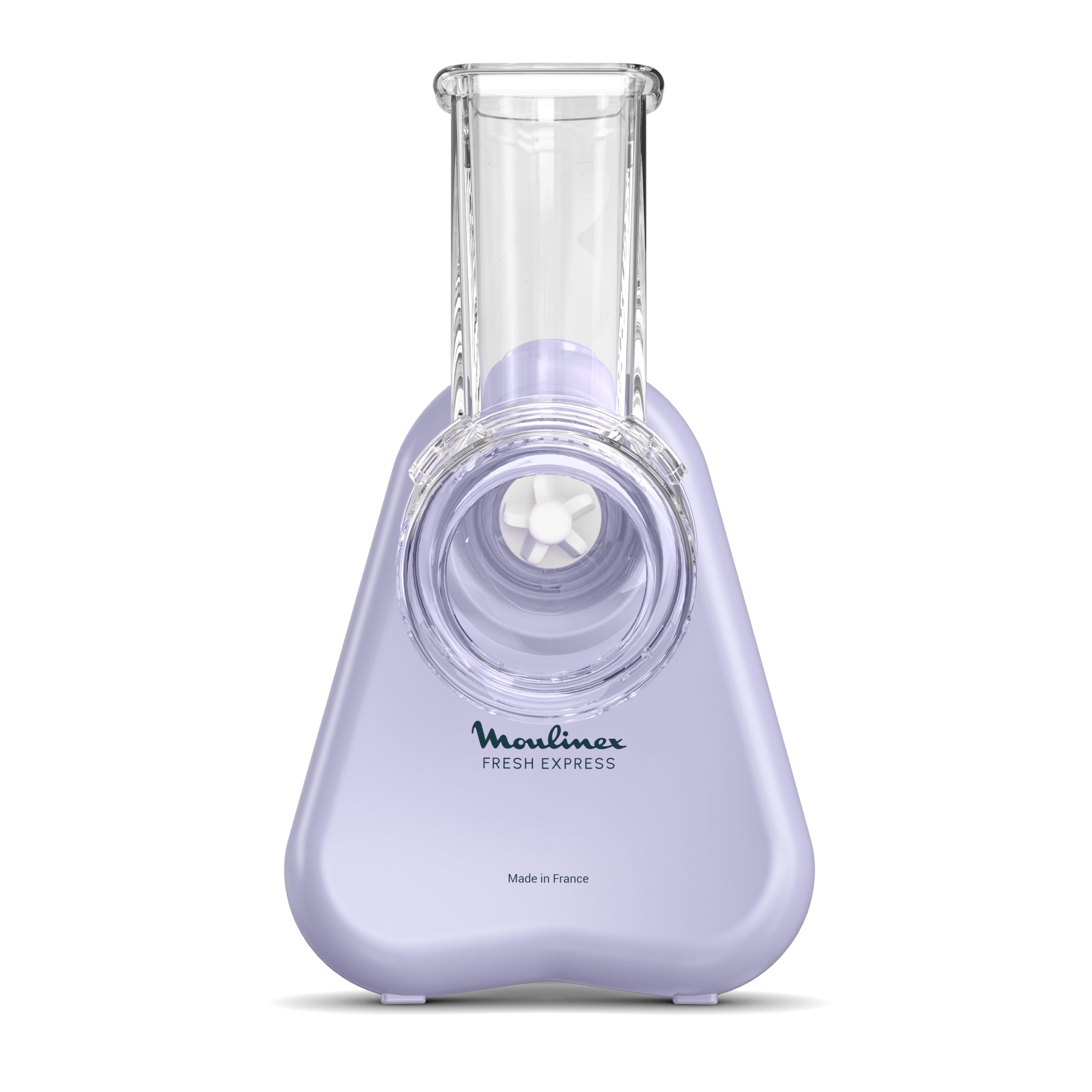Un affettaverdure Moulinex Fresh Express viola con tubo trasparente su sfondo bianco.