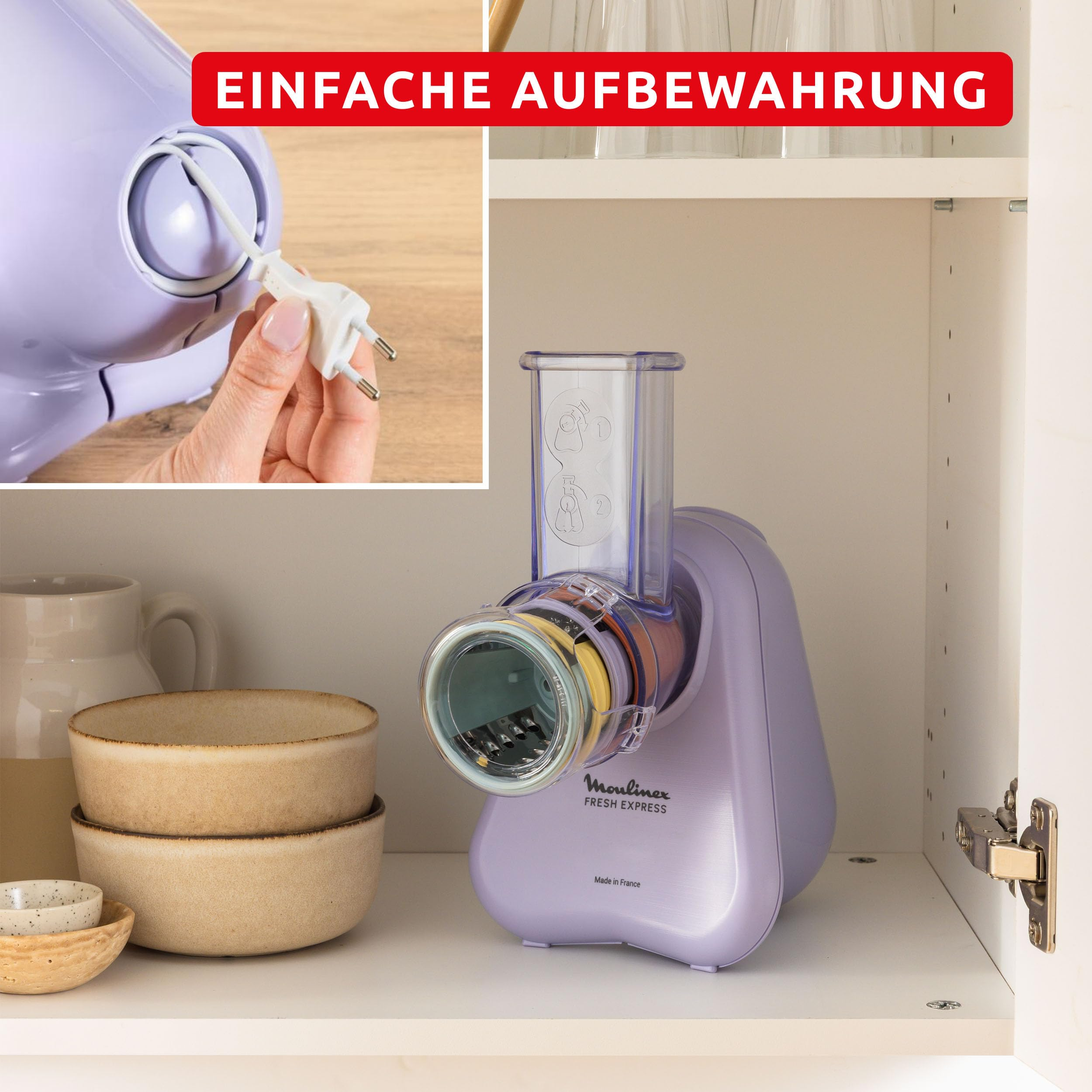 Affettatrice viola Moulinex fresh express riposta in un mobile da cucina.
