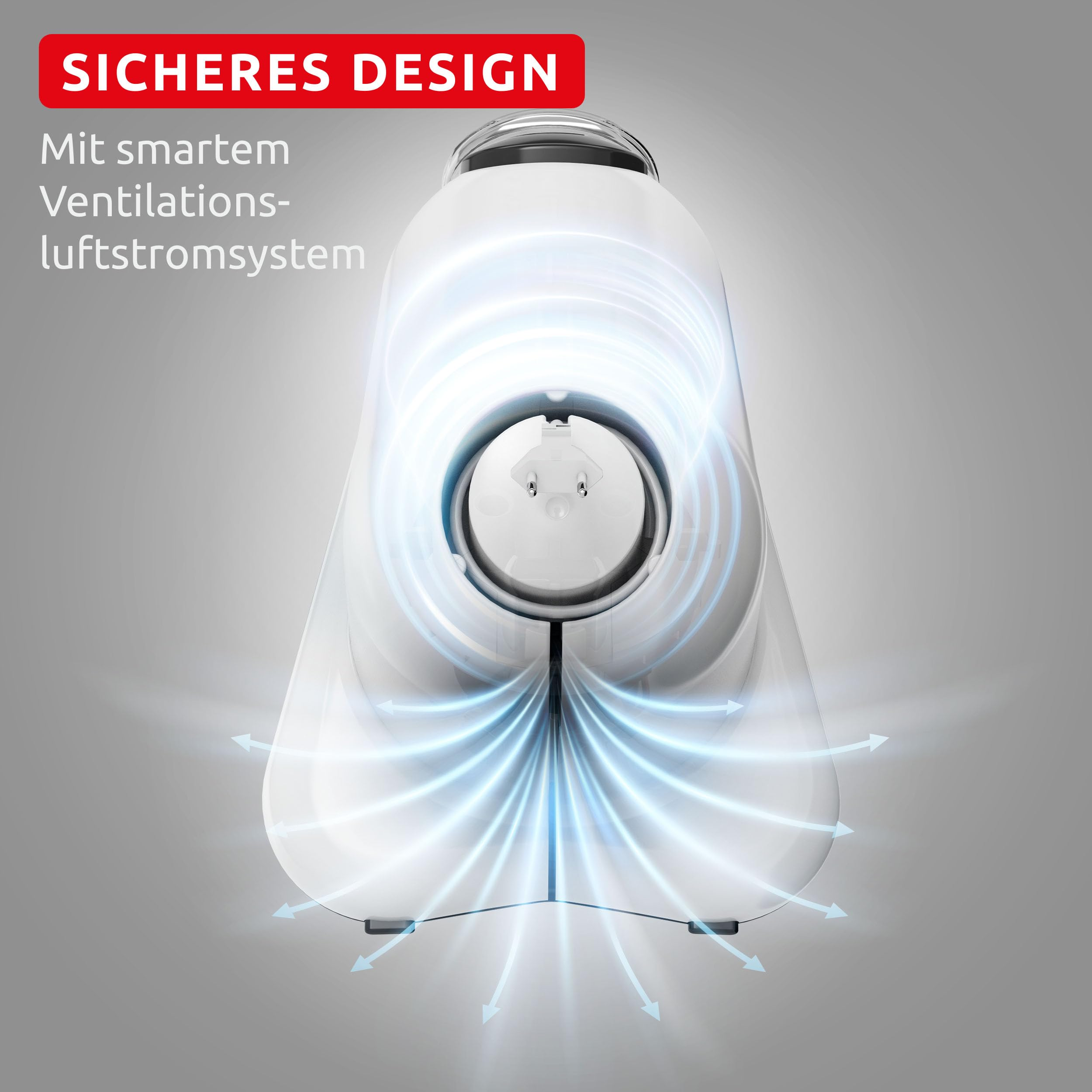 Dispositivo bianco con sistema di ventilazione intelligente e linee di flusso d'aria visibili su sfondo grigio.