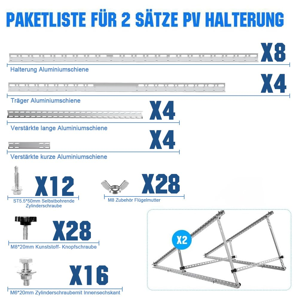Elenco pacchetti con guide in alluminio, viti e dadi per due supporti fotovoltaici.