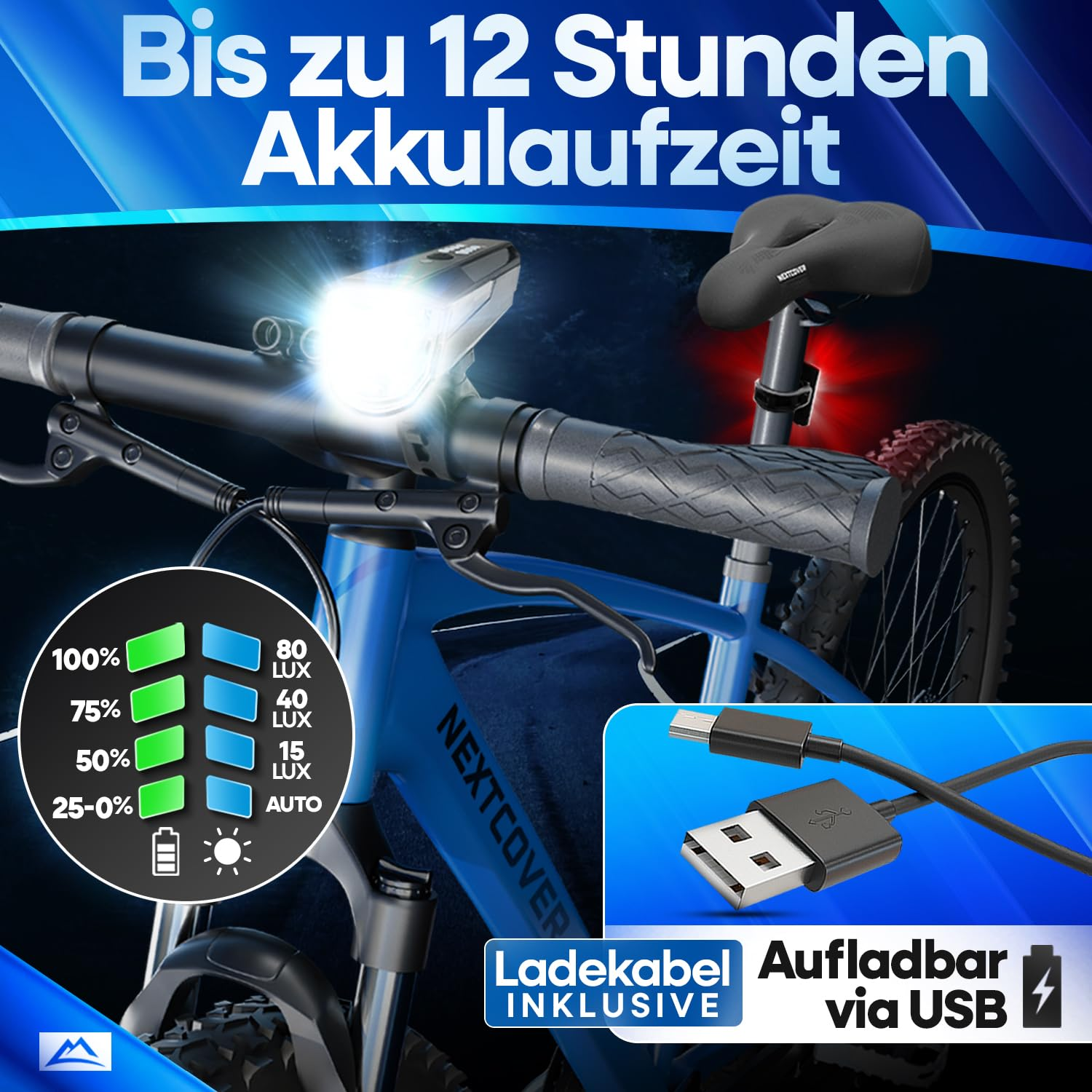Éclairage de vélo avec lampe avant lumineuse, indicateur de batterie et câble USB sur fond bleu.