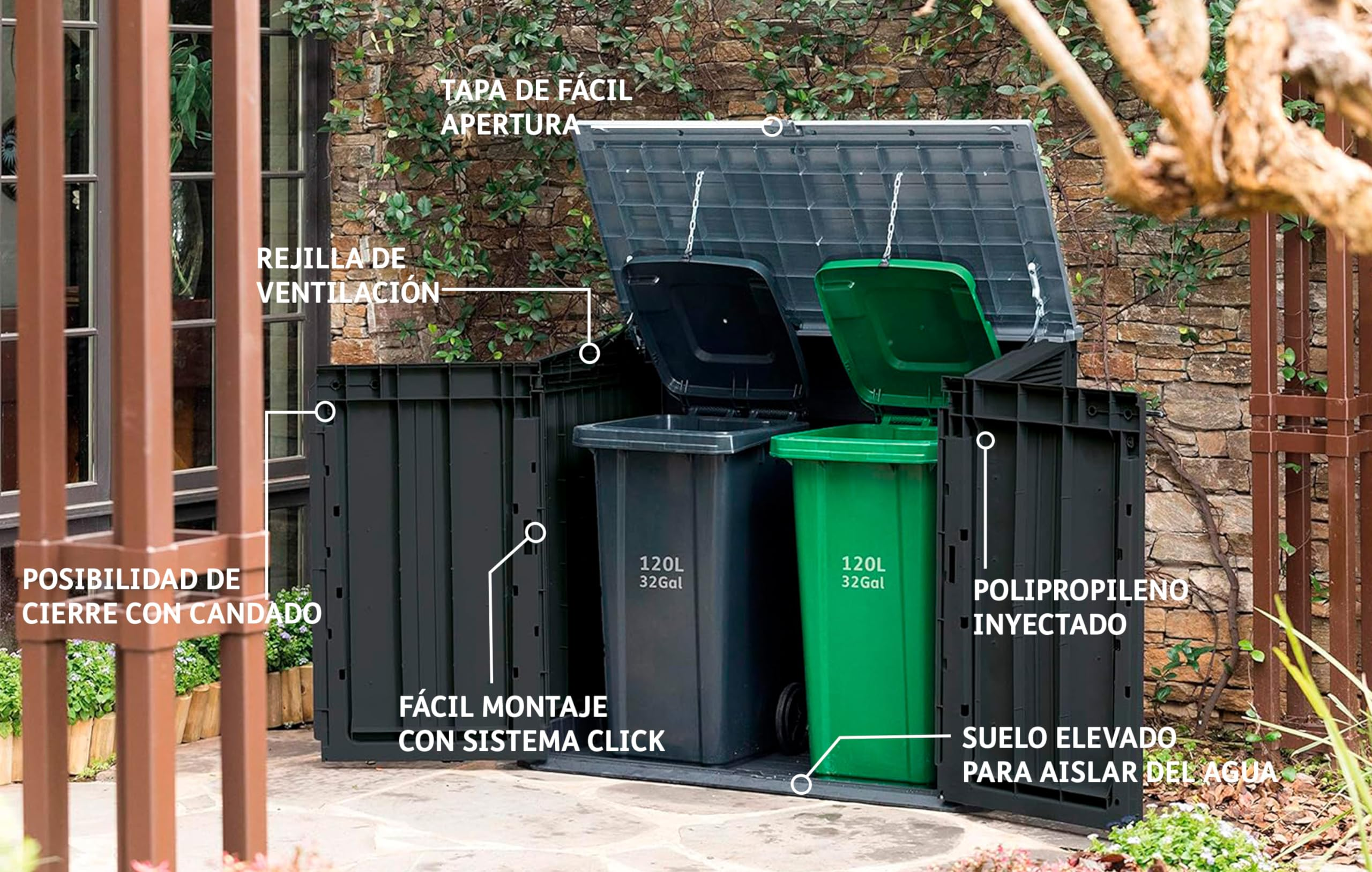Un abri en plastique gris à couvercle ouvert contient une poubelle grise et une verte devant un mur.