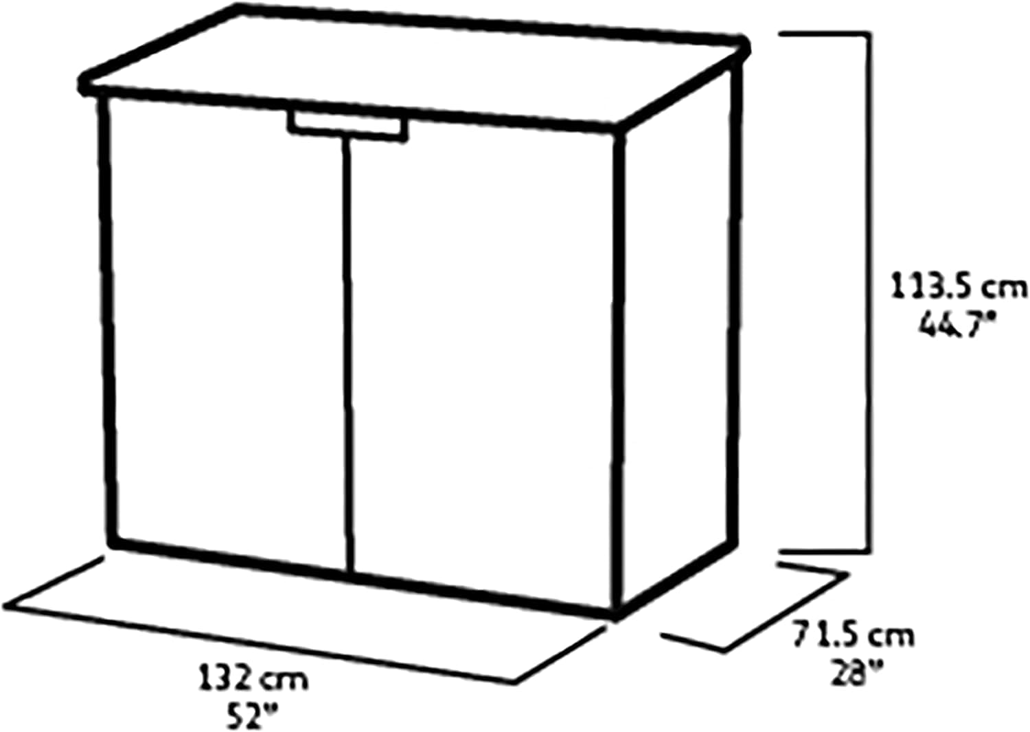 Dessin au trait d'une armoire rectangulaire avec dimensions en cm et pouces.