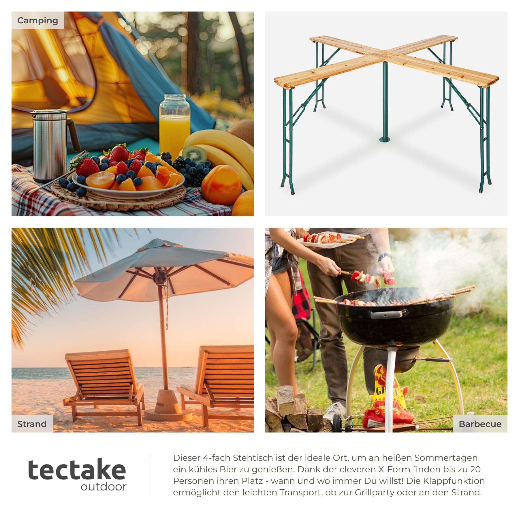 Collage mit Camping, X-förmigem Stehtisch, Strandliegen unter Sonnenschirm und Personen am Grill.