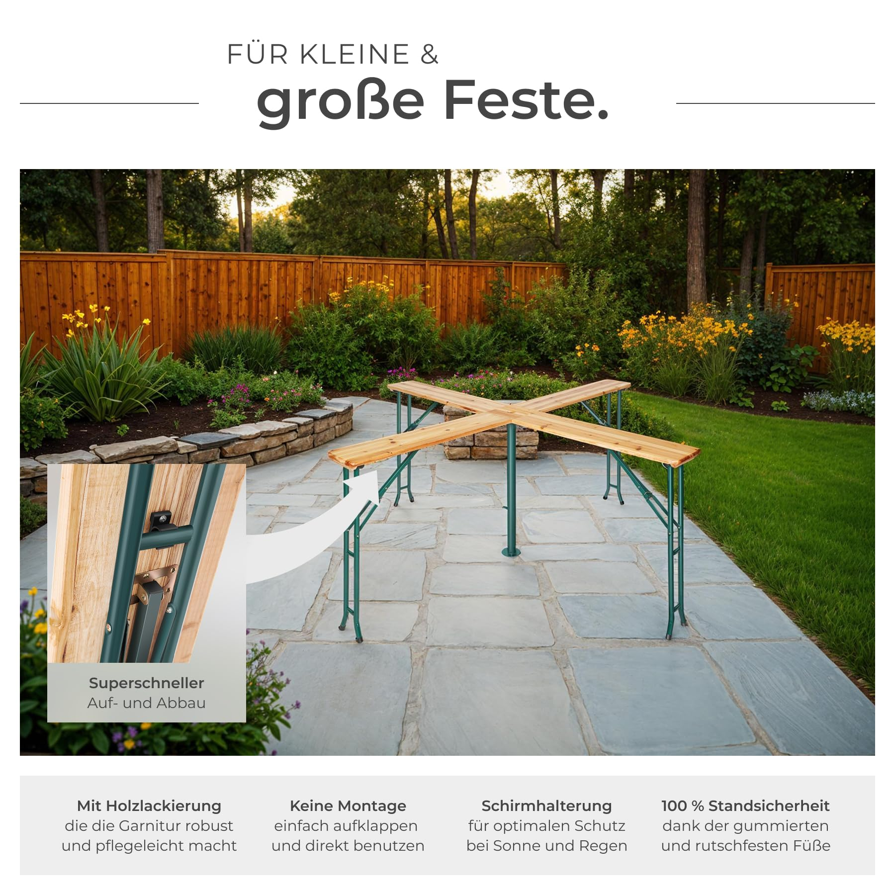 Kreuzförmige Festzeltgarnitur aus Holz und grünem Metall auf Steinterrasse im Garten mit Text und Detailansicht.
