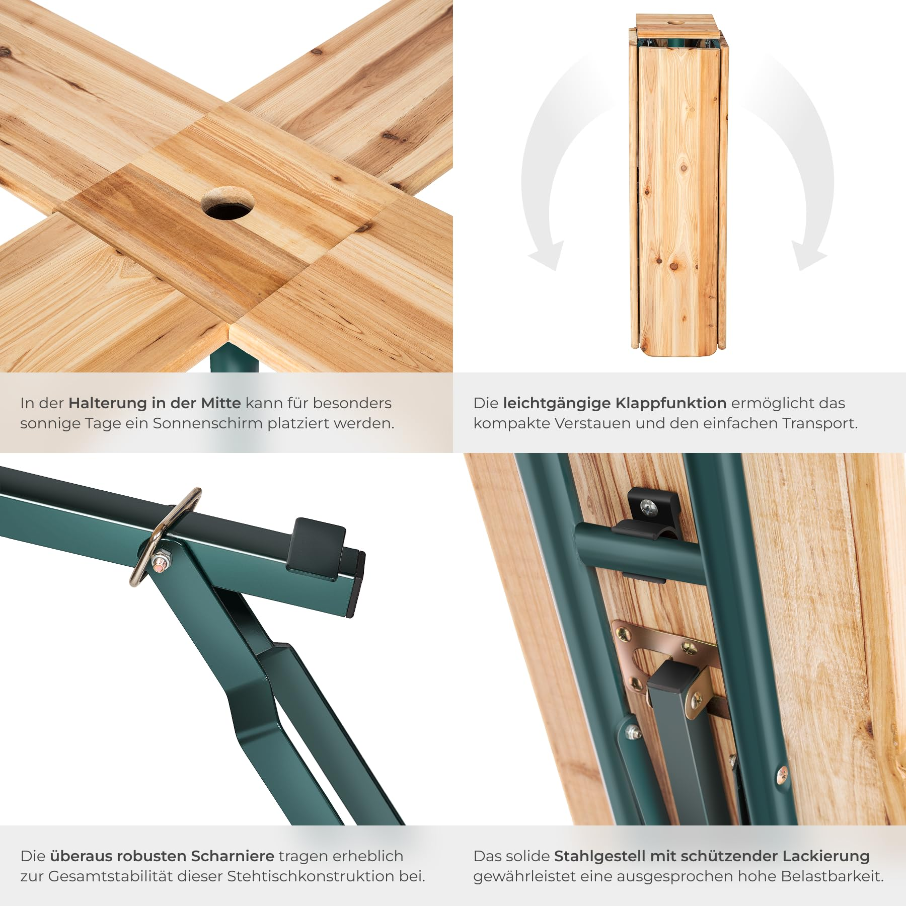 Vier Bilder zeigen Details eines Holztisches mit Sonnenschirmhalterung, Klappfunktion, stabilen Scharnieren und Stahlgestell.