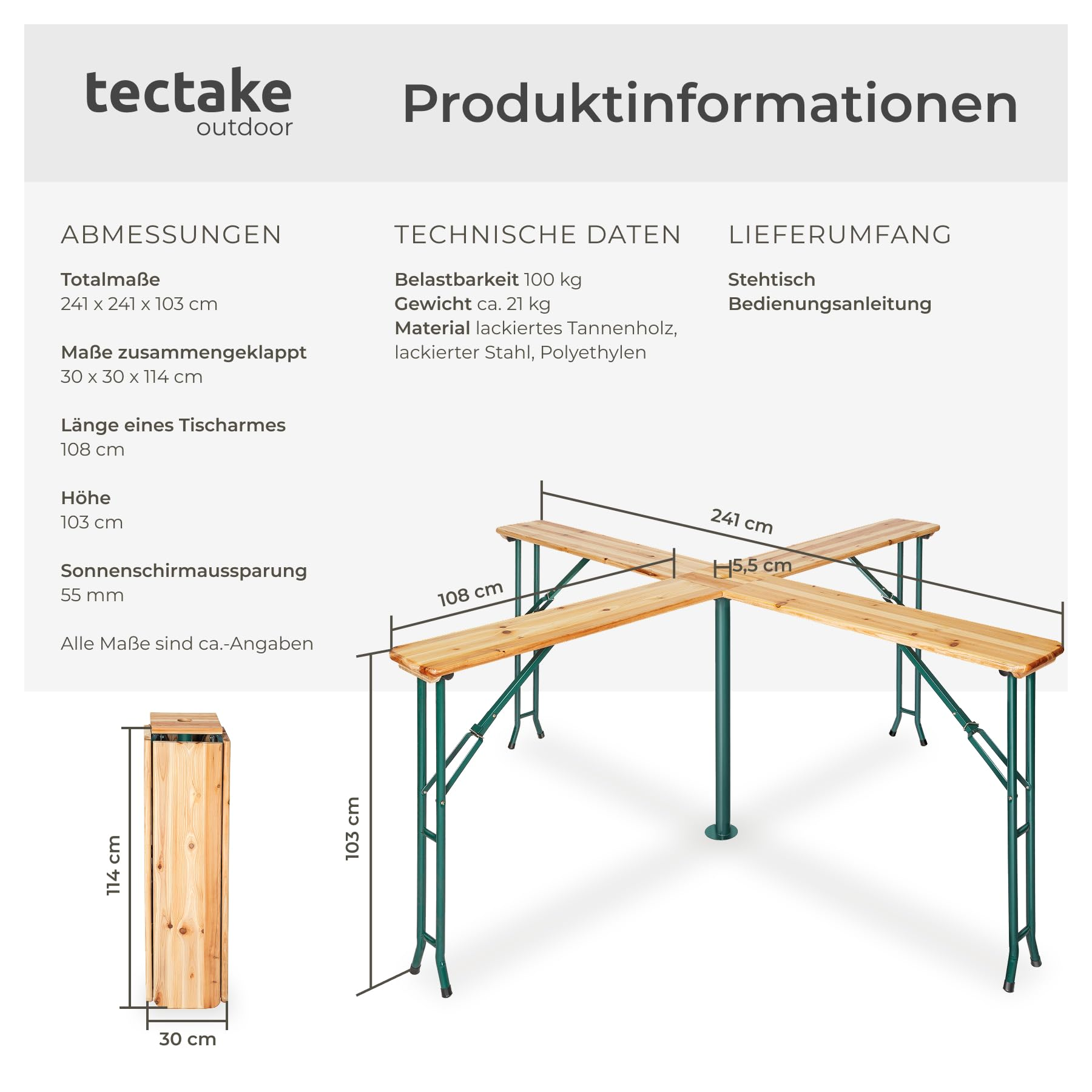 Produktinformationen und Maße eines klappbaren Tectake Stehtisches mit vier Holzarmen und grünem Metallgestell.