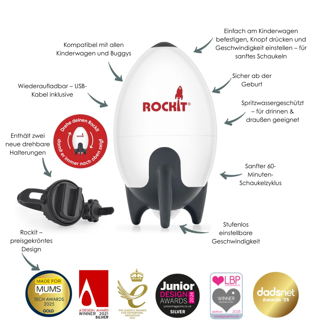 Image d'un berceur de poussette Rockit avec des étiquettes en allemand et des badges de prix.