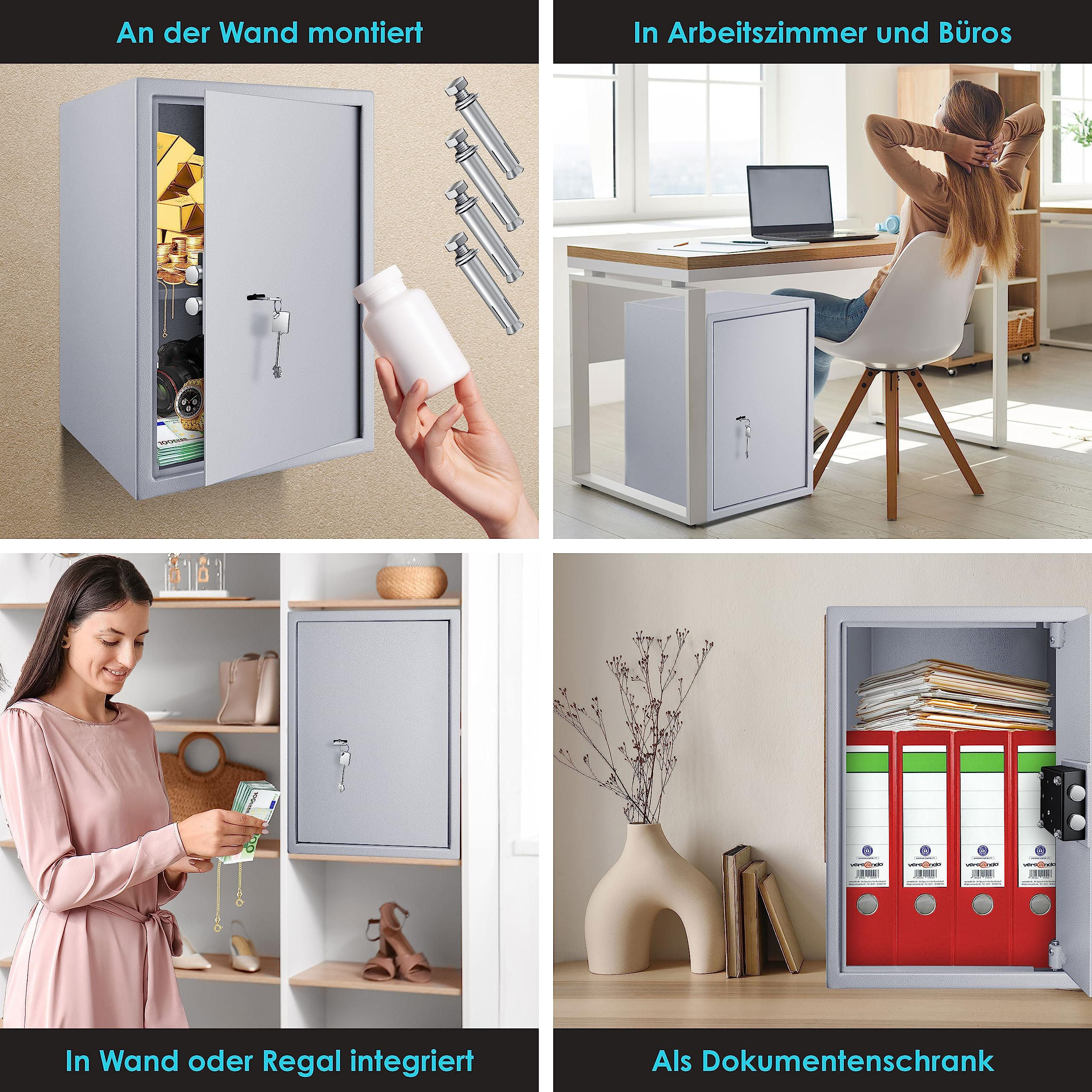 Grauer Möbeltresor für Wertsachen, in verschiedenen Wohnbereichen montiert und genutzt.