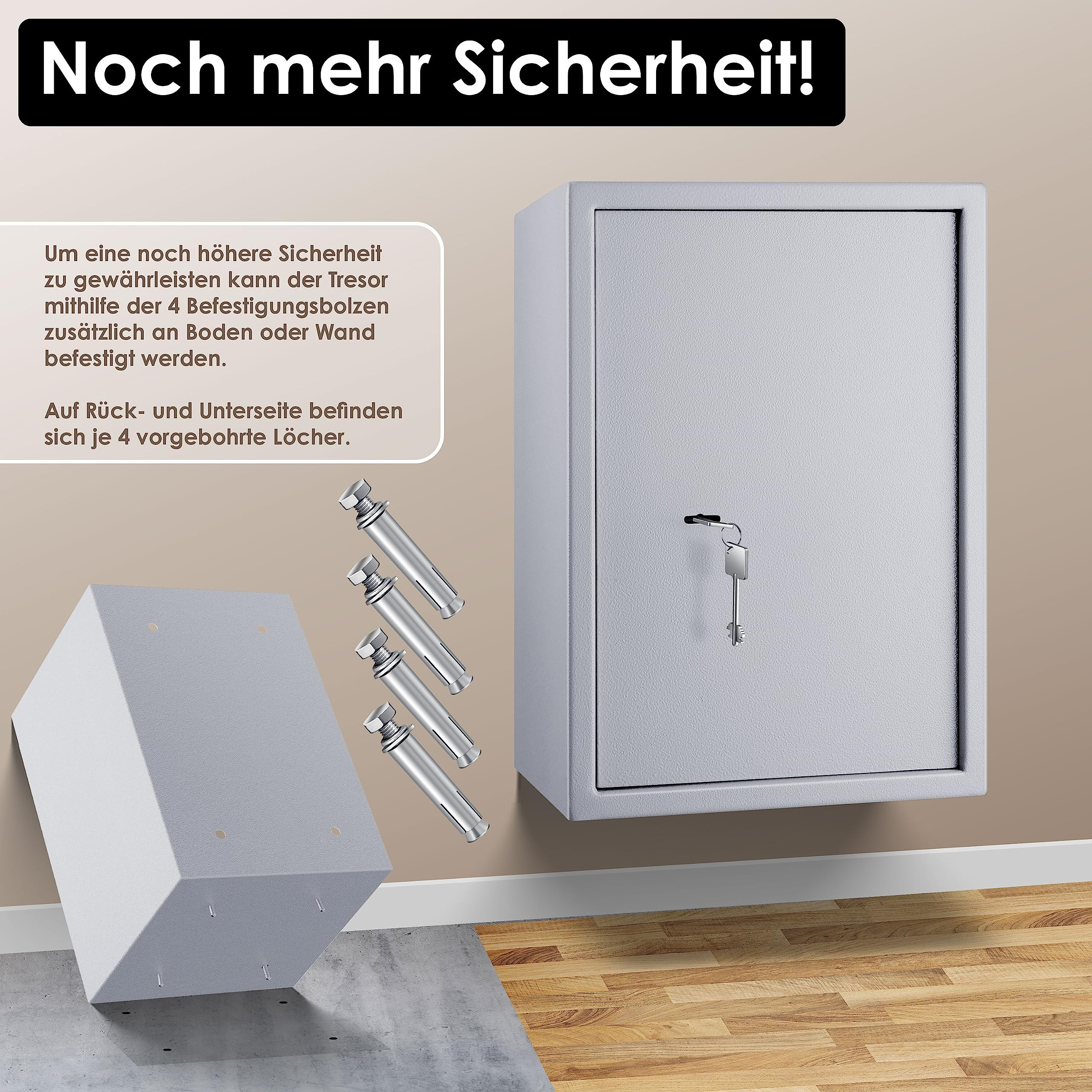 Ein grauer Wandtresor, der mit vier mitgelieferten Bolzen an Wand oder Boden befestigt werden kann, mit Text und Schlüsseln.