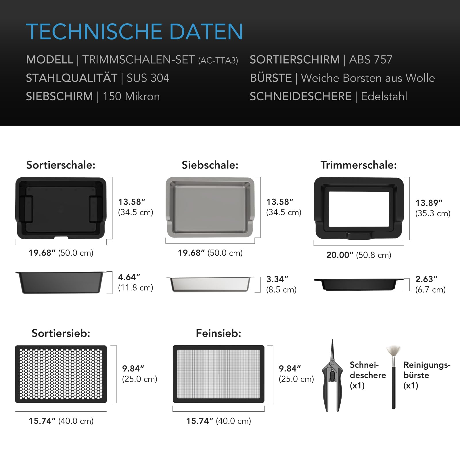 Caractéristiques et dimensions du kit de bacs de manucure, avec bac de tri, tamis, bac de coupe et accessoires.