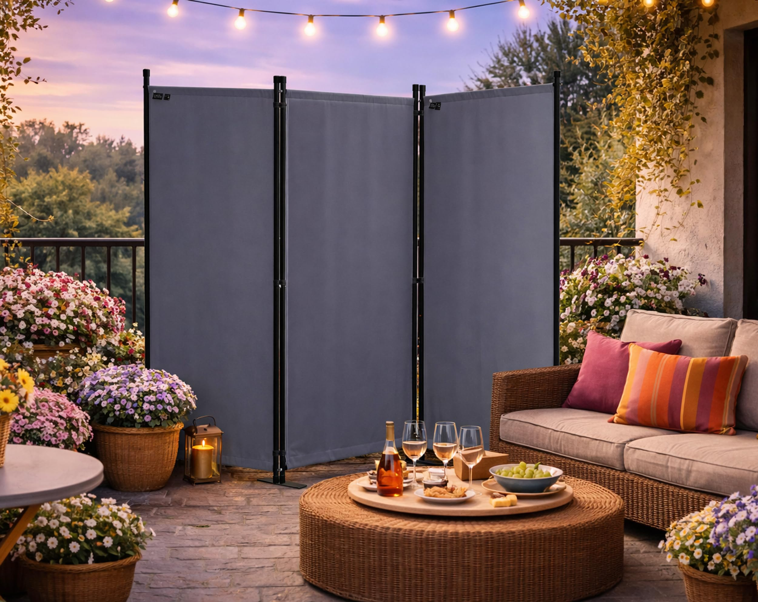 Eine graue Raumteiler-Wand auf einer gemütlichen Terrasse bei Abendlicht mit Blumen und Sitzgelegenheiten.