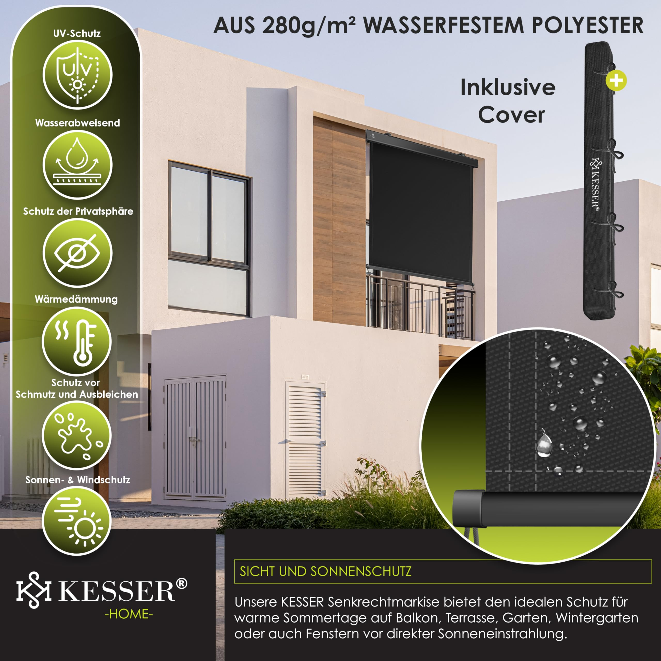 KESSER Senkrechtmarkise für Balkon und Terrasse mit UV-Schutz, wasserfest und inklusive Cover.
