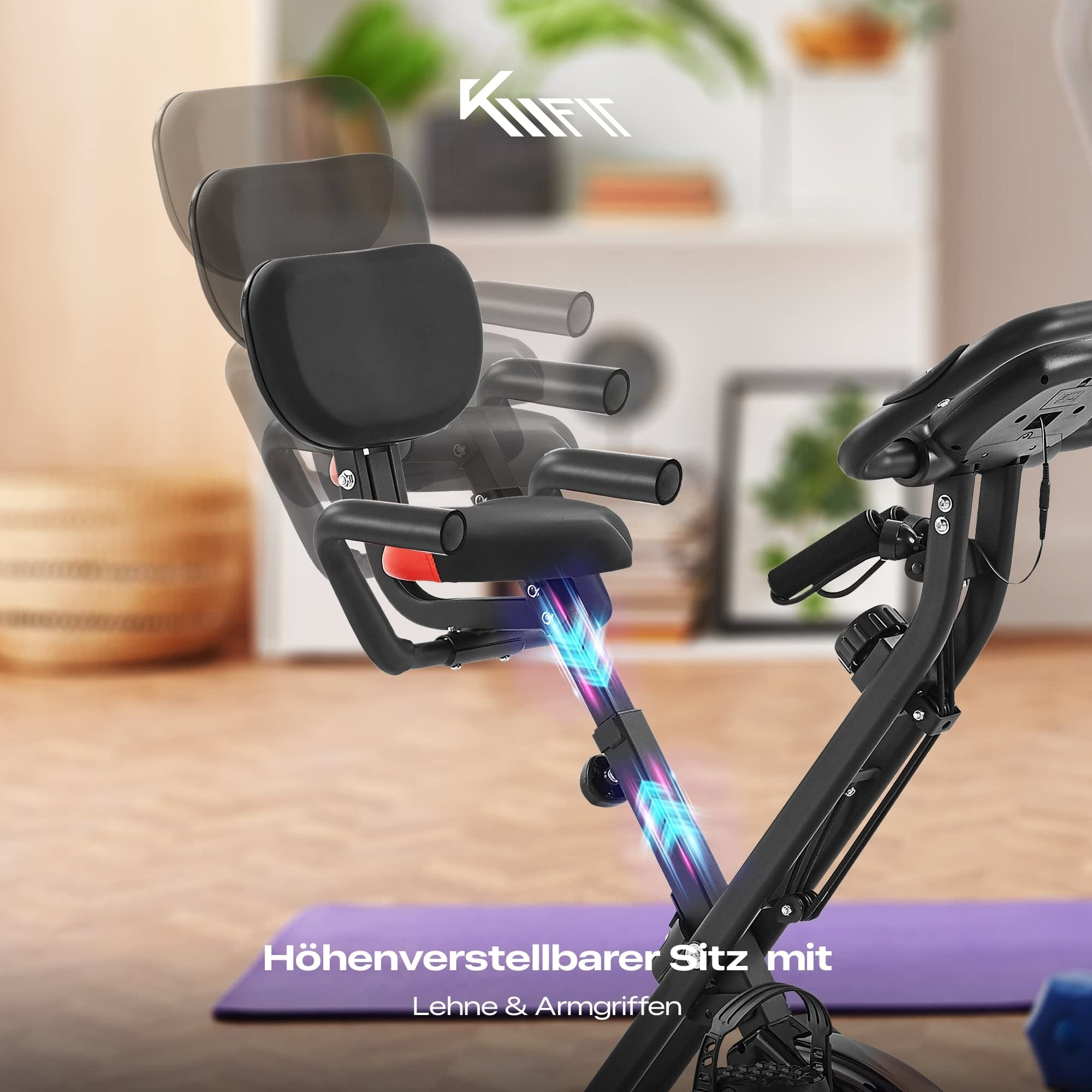 Verstellbarer Heimtrainer-Sitz mit Rückenlehne und Armgriffen.