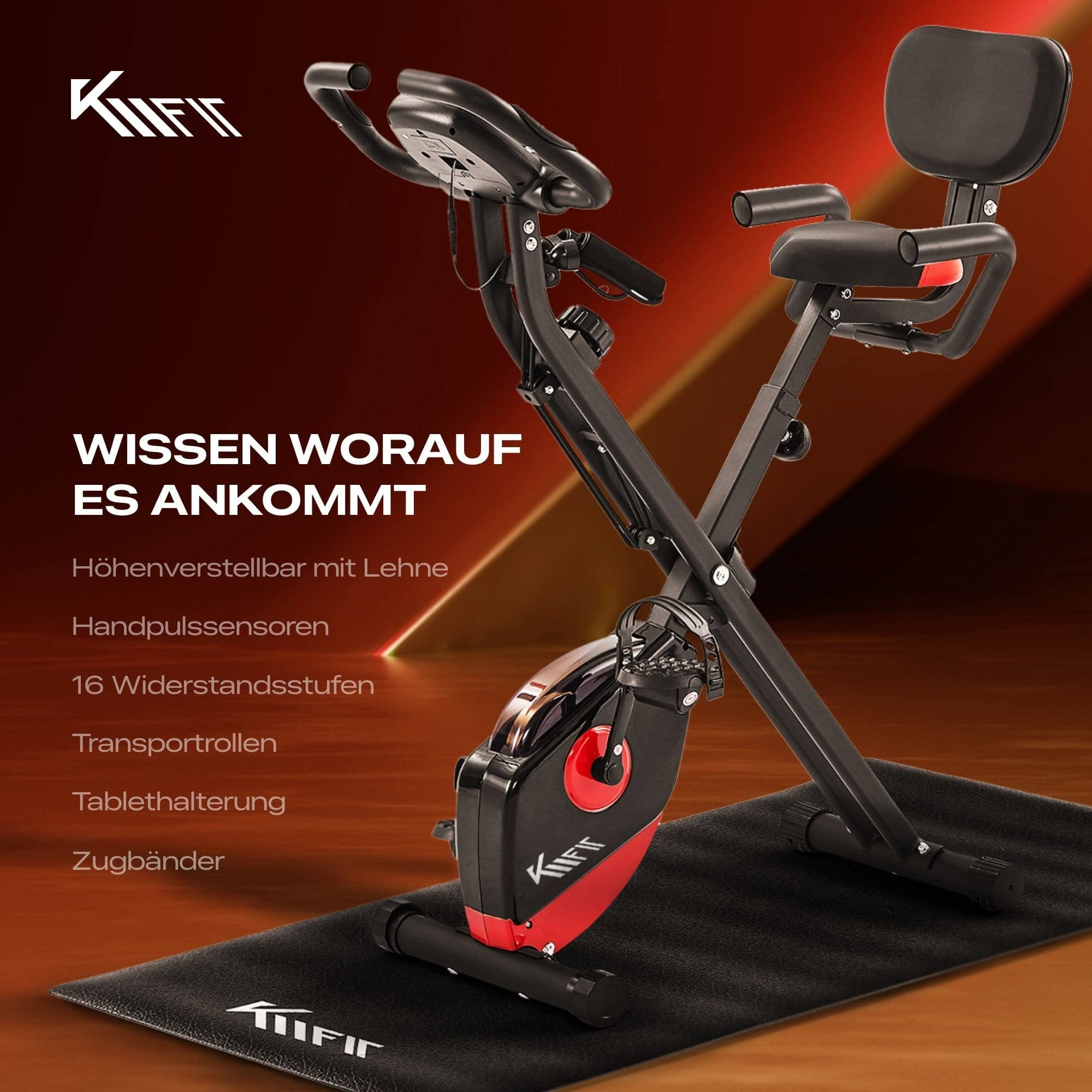 Ein schwarzes und rotes Heimfahrrad auf einer schwarzen Matte mit deutschem Text.
