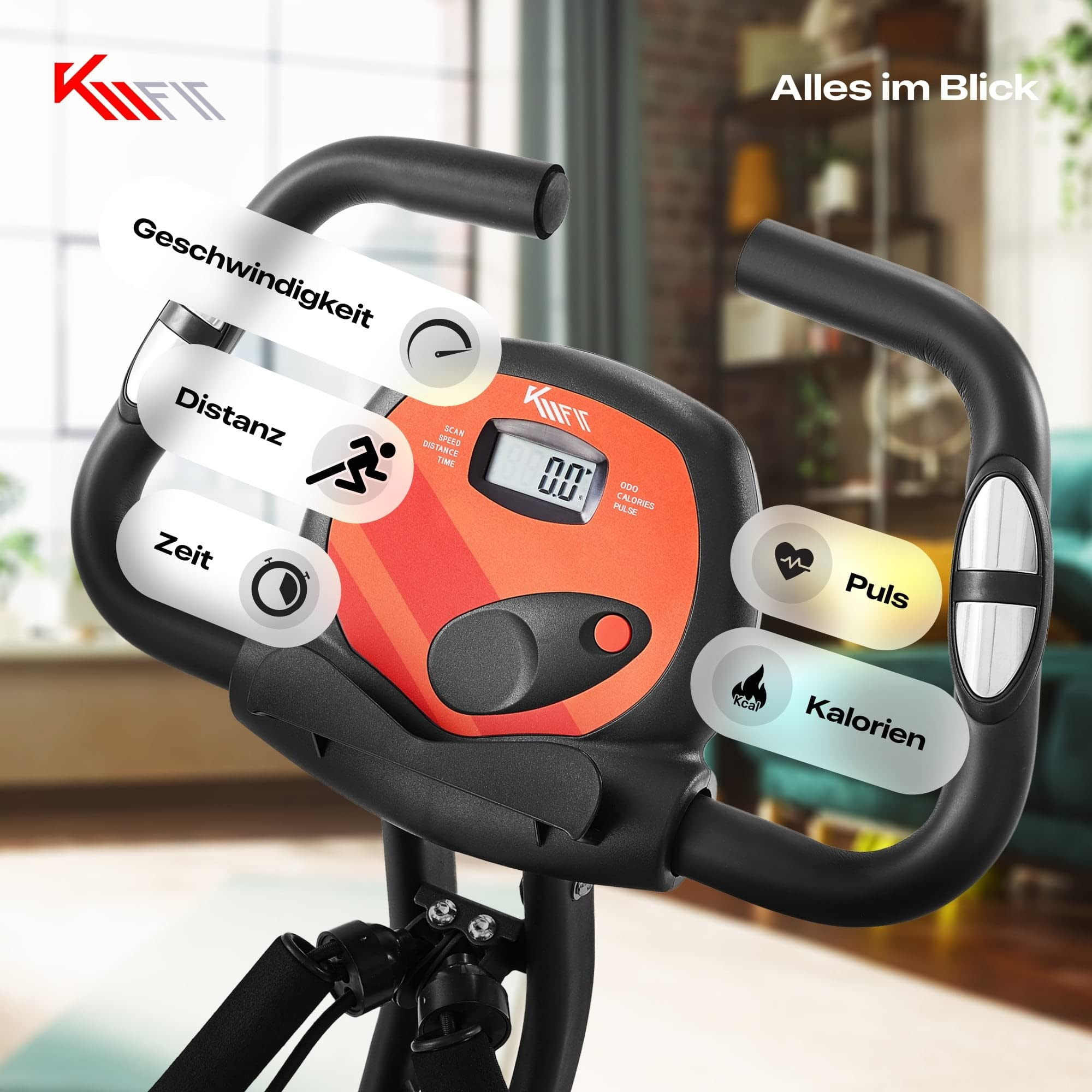 Fitnessbike-Display zeigt Geschwindigkeit, Distanz, Zeit, Puls und Kalorien an.