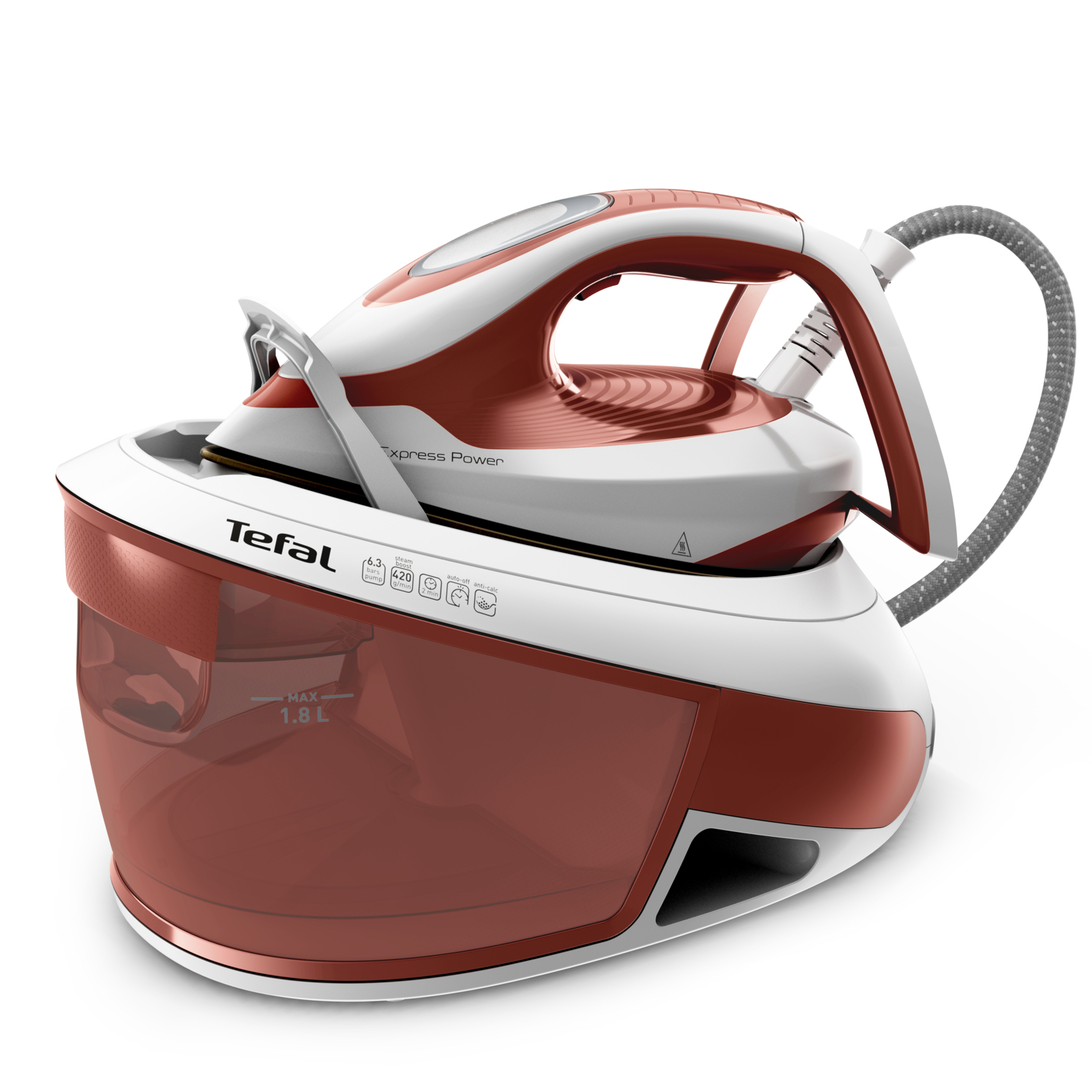 Rot-weiße Tefal Express Power Dampfbügelstation auf weißem Grund.