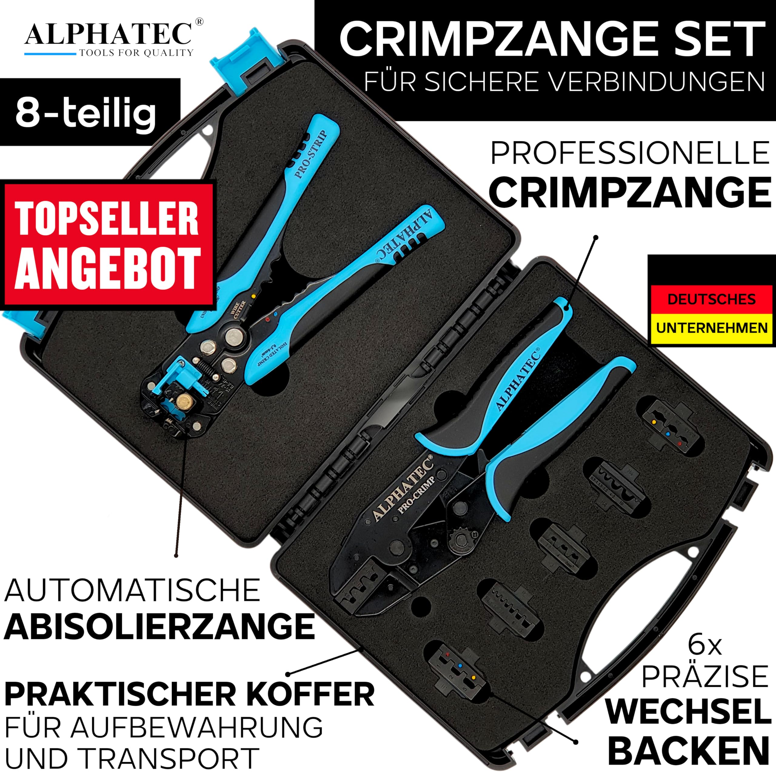 Un set di pinze crimpatrici Alphatec in una pratica valigetta con utensili blu e accessori.
