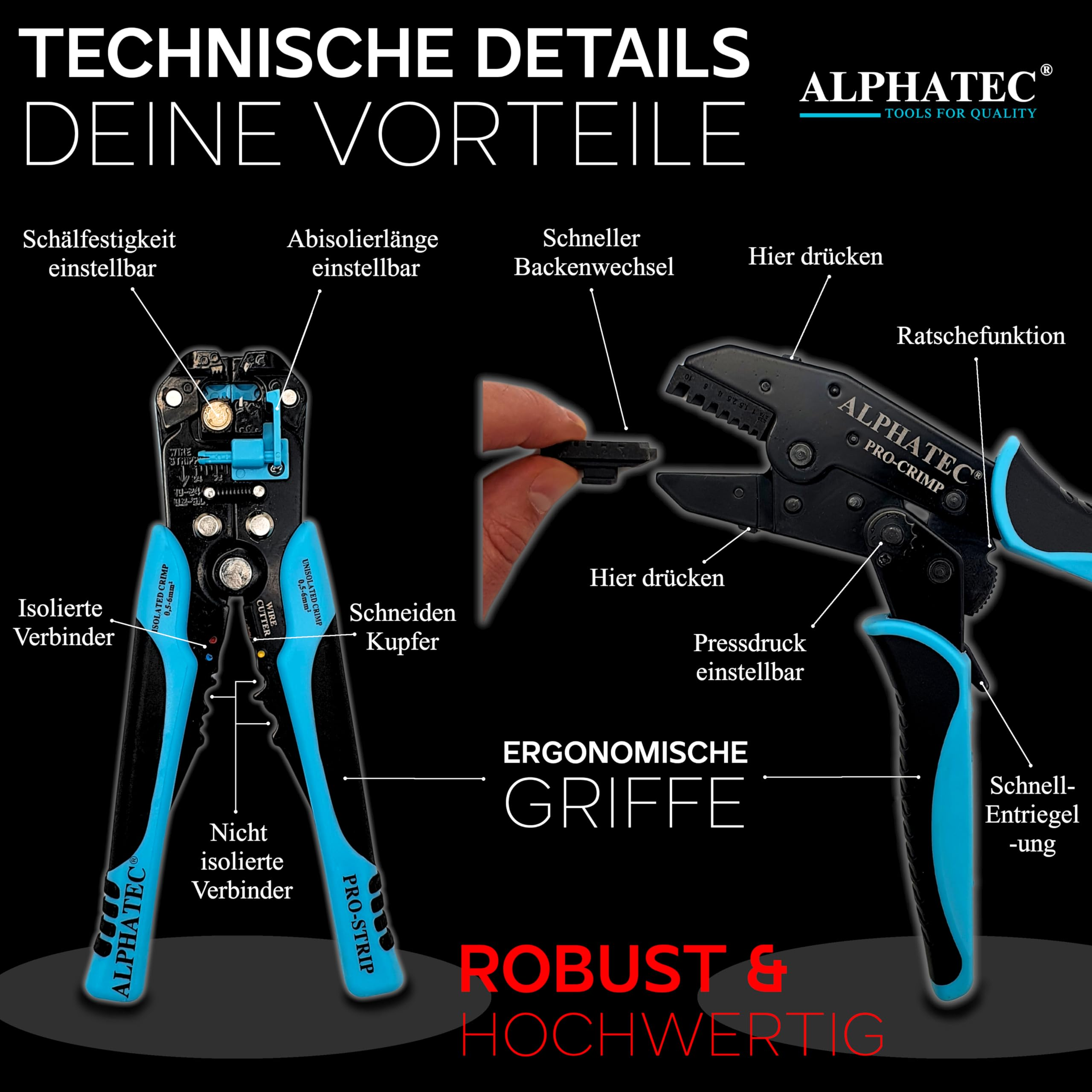 Infografica mostra dettagli tecnici e vantaggi di una pinza crimpatrice Alphatec con manici blu e neri.