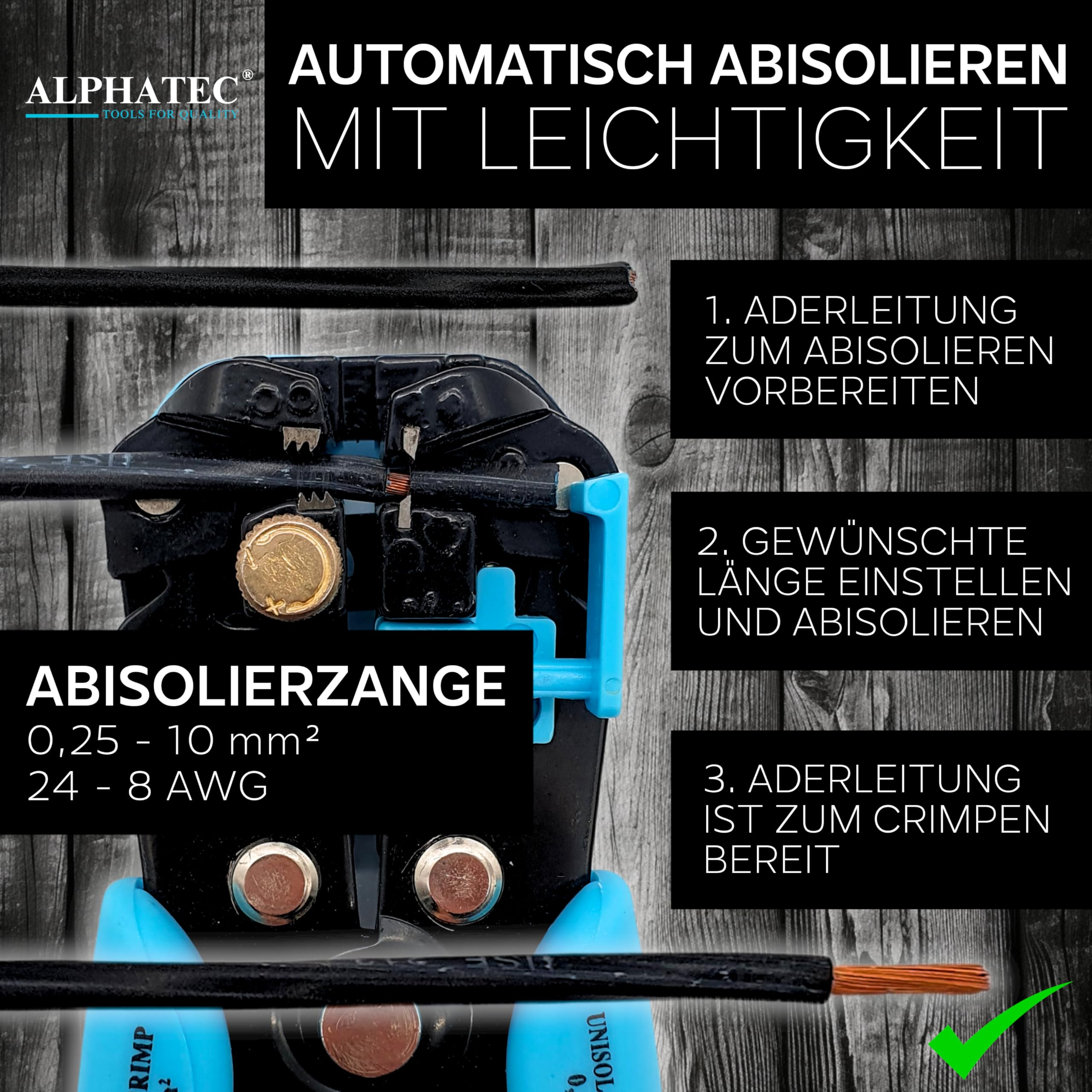 Istruzioni in tre fasi per spelafili automatico su sfondo in legno.