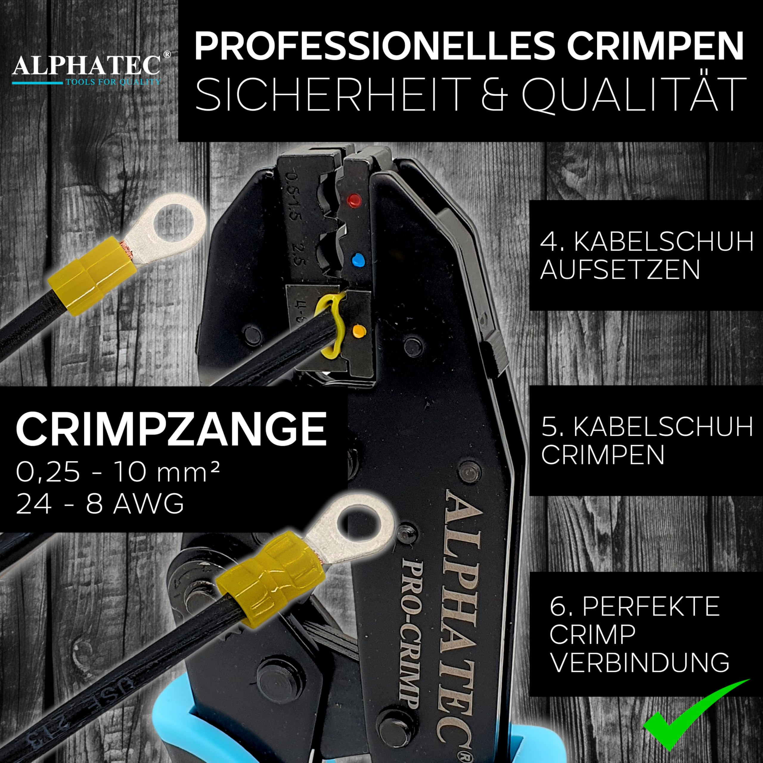 Grafica dimostrativa di pinza crimpatrice Alphatec su sfondo in legno, con fasi di lavoro.