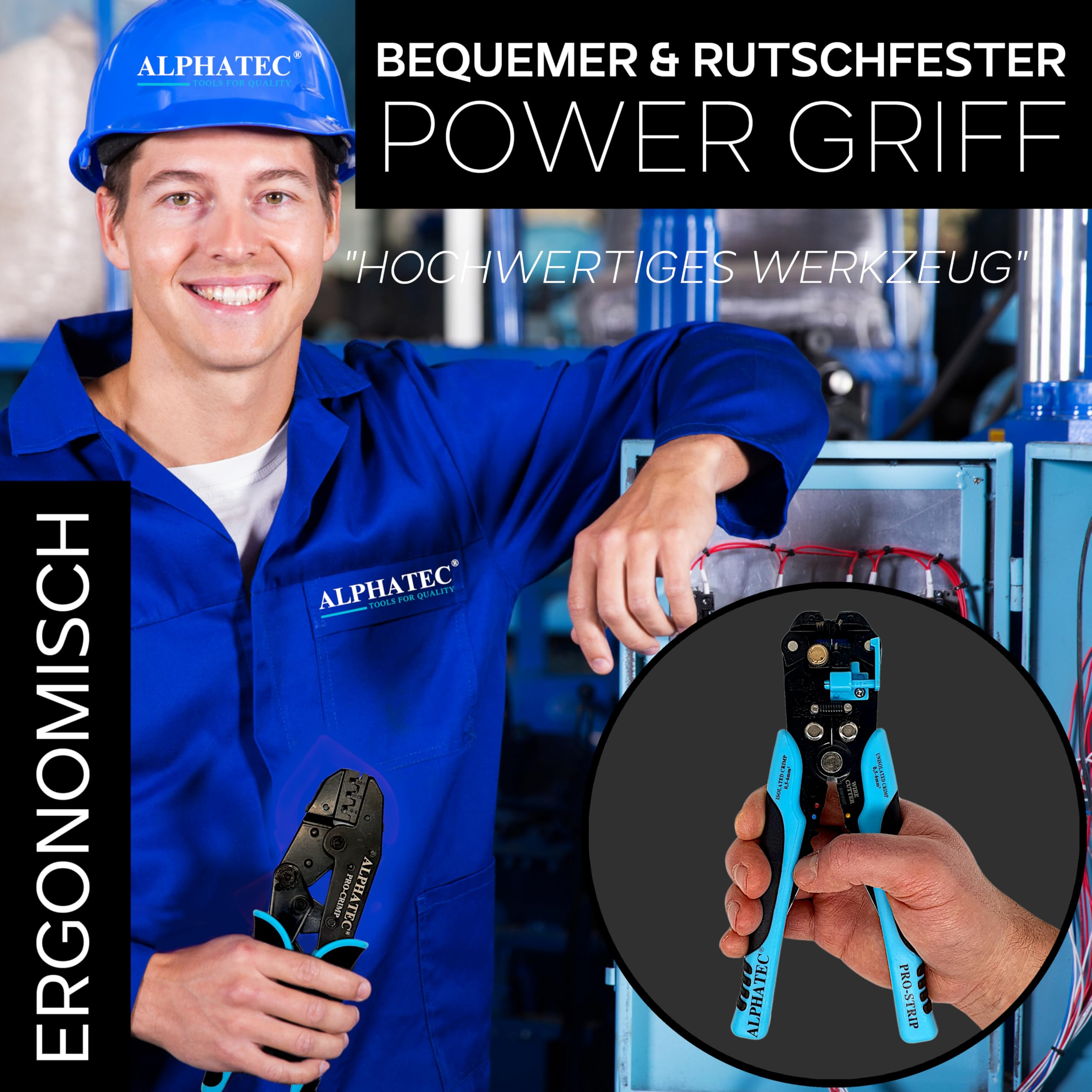 Un lavoratore sorridente con tuta blu e casco tiene e mostra una pinza crimpatrice Alphatec.