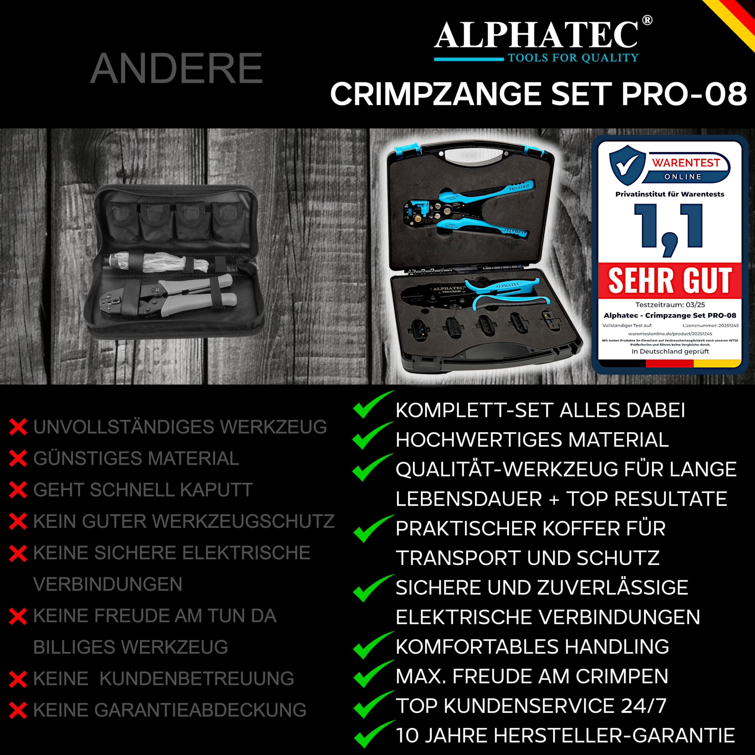 Set di pinze crimpatrici Alphatec Pro-08 a confronto con alternative economiche; valutato Ottimo (1,1).