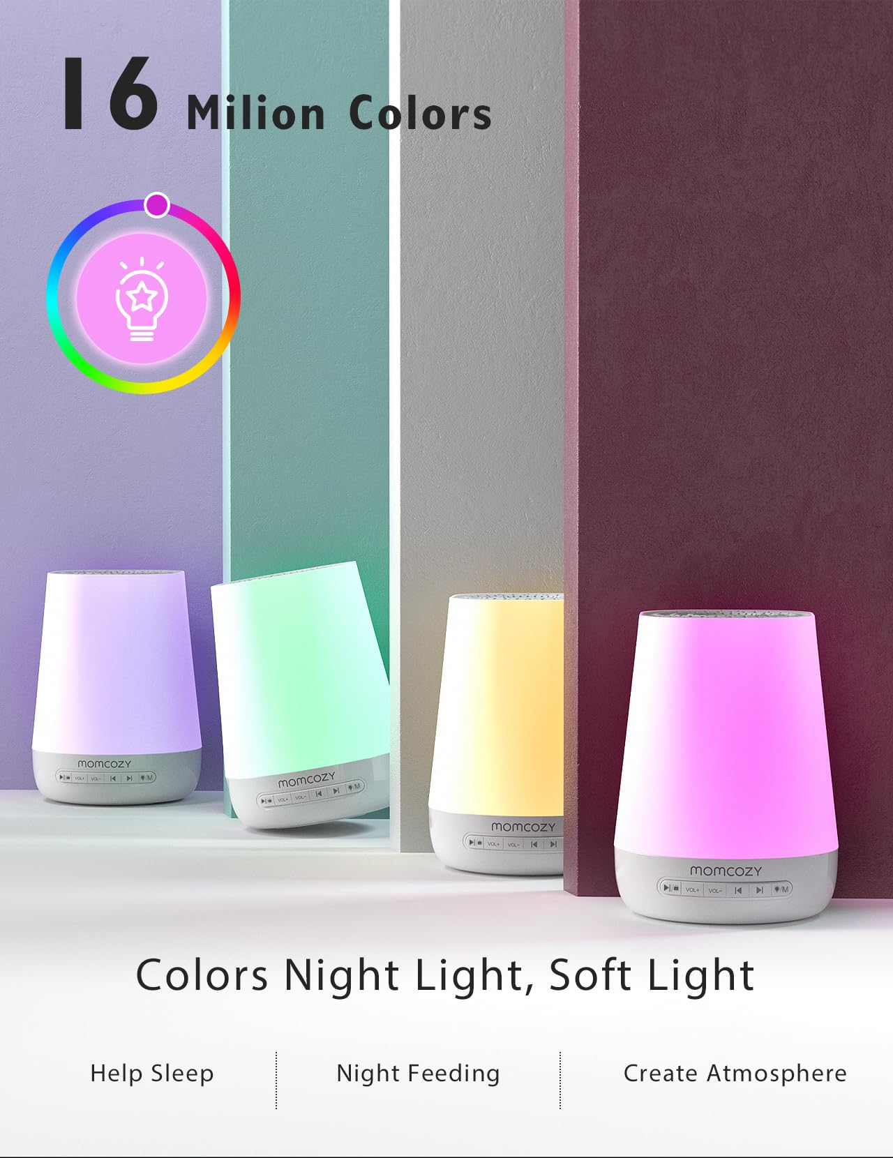 Quatre veilleuses colorées Momcozy devant des murs pastel avec roue chromatique et texte.