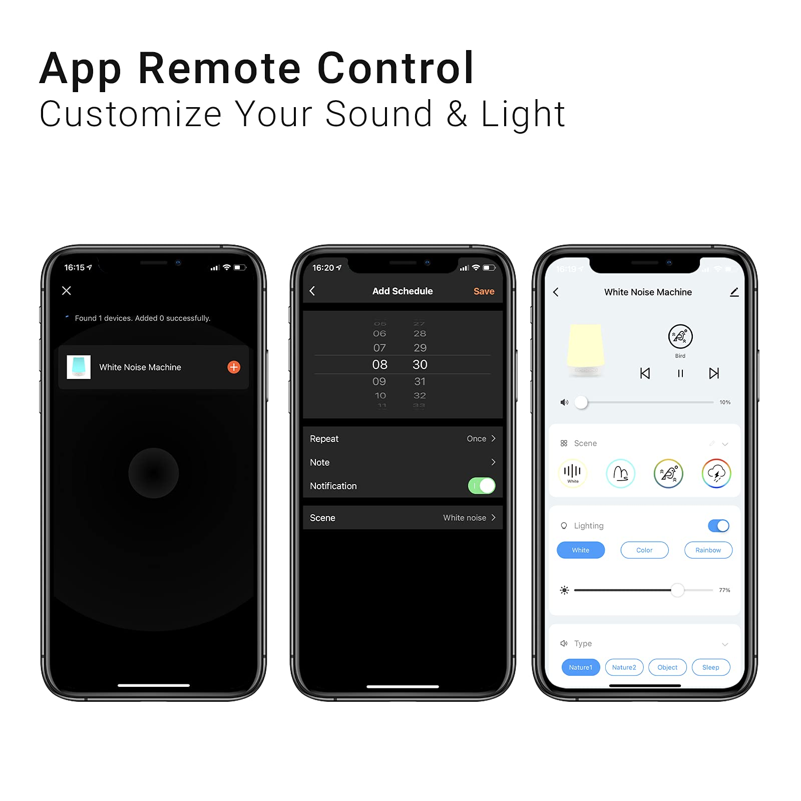 Trois smartphones affichant une interface d'application de bruit blanc et de lumière avec des options de contrôle.