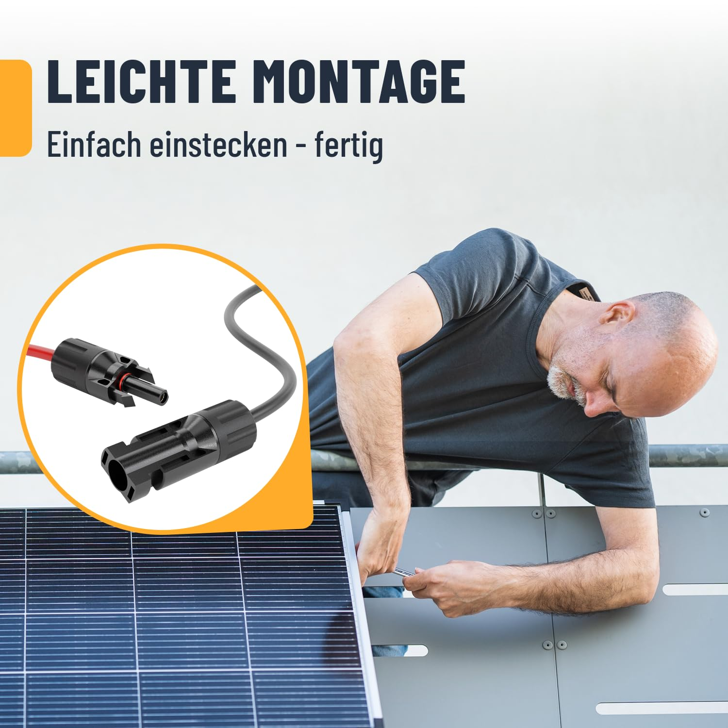 Un uomo installa un pannello solare con un cavo ad innesto in primo piano.