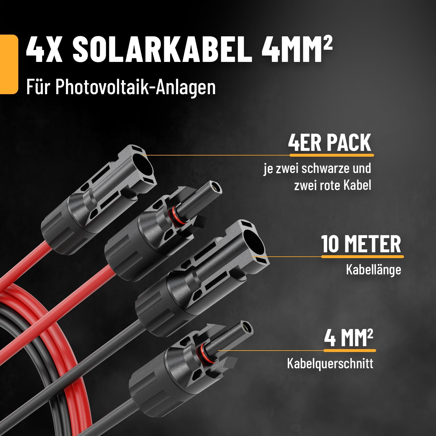 Quattro cavi solari da 4 mm², lunghi dieci metri, con connettori neri e rossi su sfondo nero.